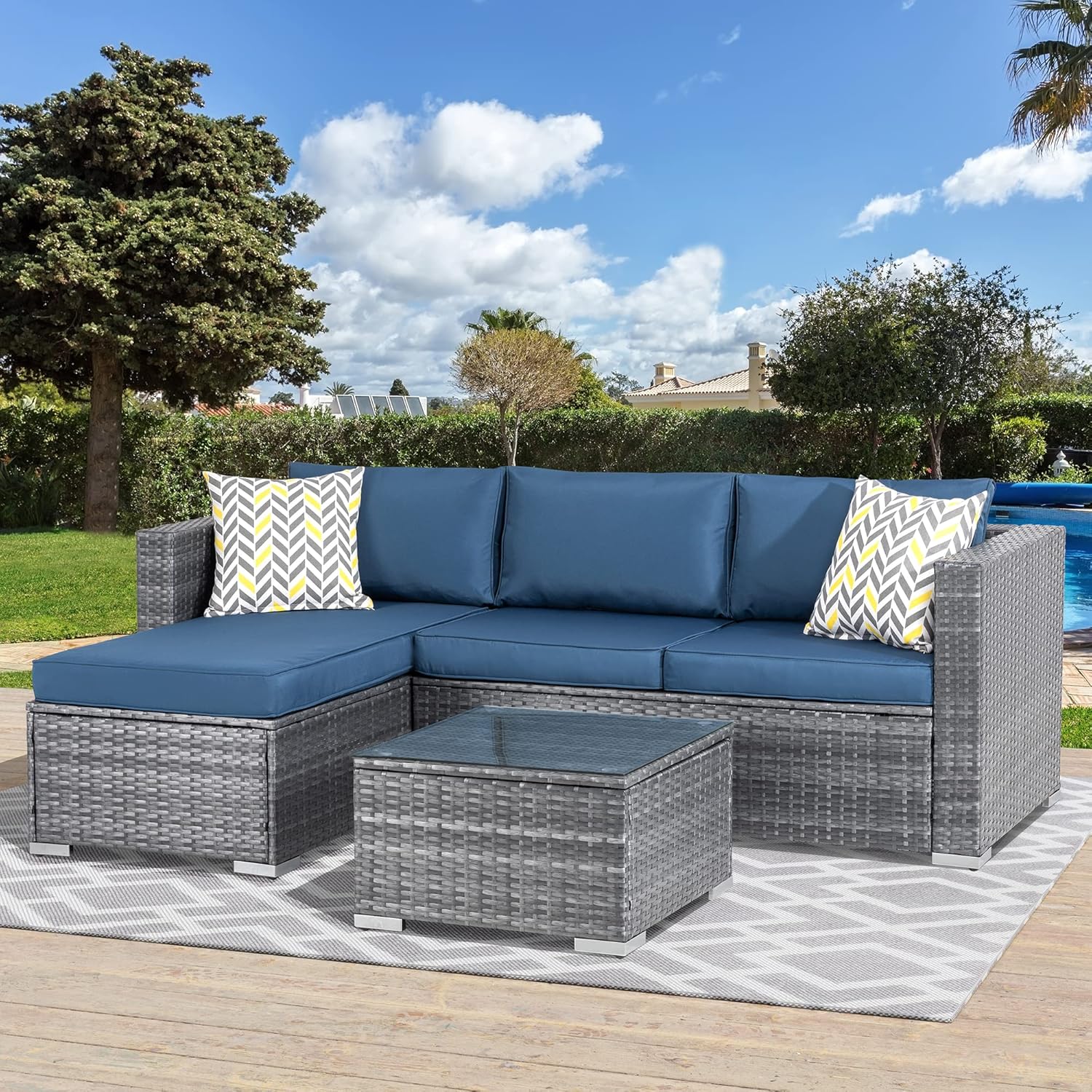 Upgraded Wicker Patio Sectional Set 3-Piece (Aegean Blue)