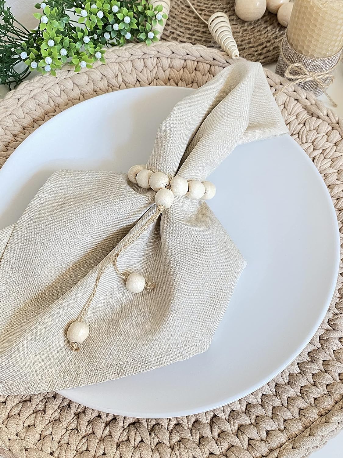 LEBEJUA Napkin Rings Set of 6 - Wood Bead Napkin Rings - Natural Rustic Wooden Napkin Holders for Tables - Handmade Wooden Beads Napkin Ring with Jute Twine - Natural Wood Rings Bulk (Yavir) : Home & Kitchen