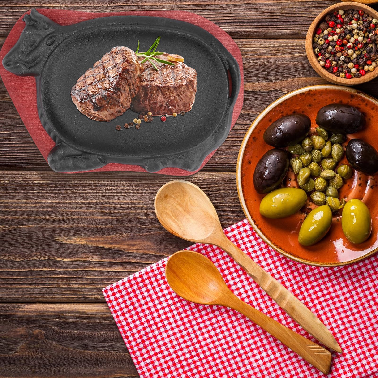 ifundom Piastra per Arrostire Carne in Ferro e Legno, Tonda, Nera, Antiaderente, Facile da Pulire e Trasportare, per Cottura alla Piastra e Barbecue, per Bistecche e Pesce