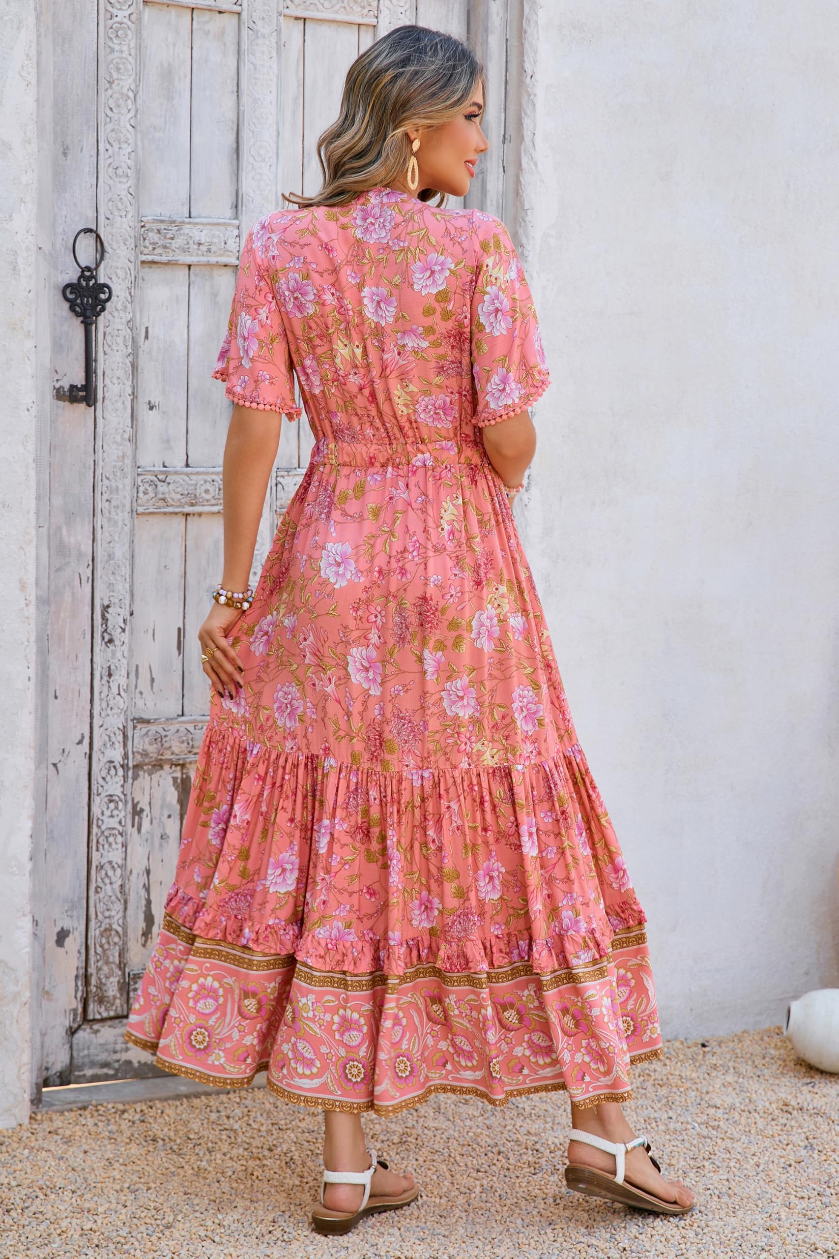 R.Vivimos Abito Boho Estivo Donna Abito Sexy Scollo a V Bottoni Manica Corta Vestito Elegante con Volant Orlo Abito Lungo Maxi da Spiaggia Casual per Le Vacanze(XL,Rosa Corallo)