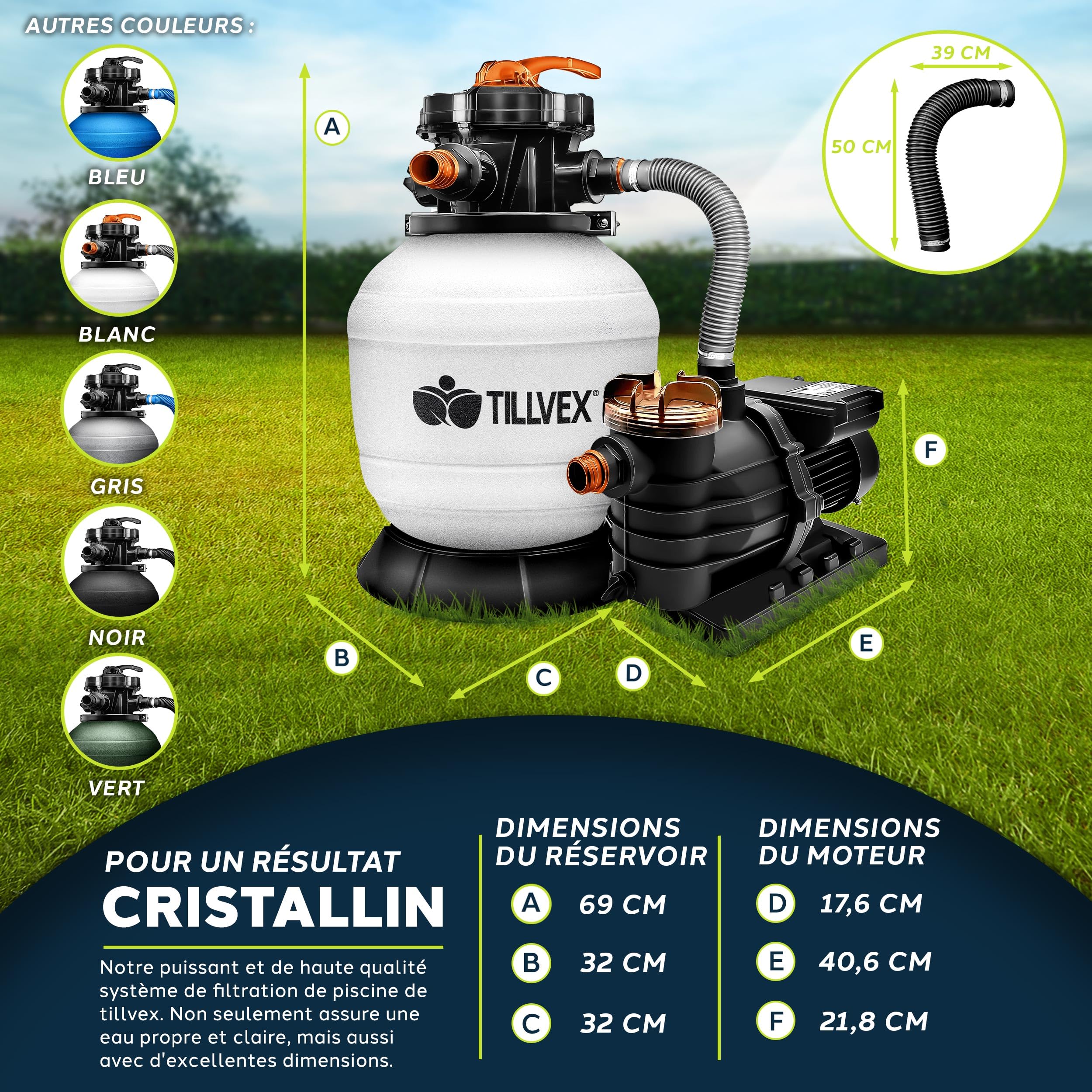 tillvex® Système de Filtre à Sable 13 200L/h jusqu'à 40 000L + 1200g Boules Filtre | 7 Fonctions de Filtration & Adaptateur 2en1 Ø32-38mm | Filtre piscine avec indicateur de pression (Blanc/Orange)