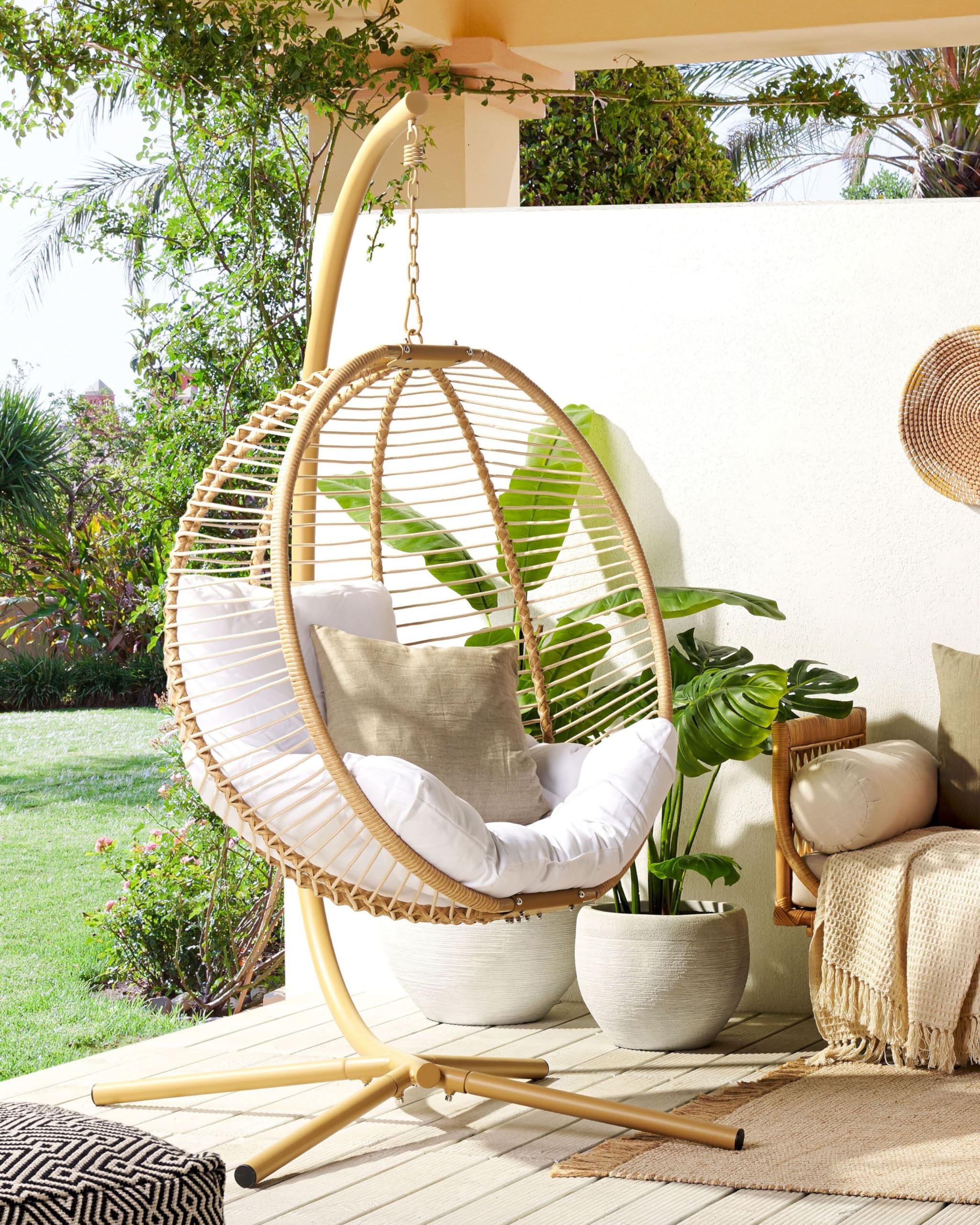 Silla Colgante con Soporte Beige Blanco Metal cojín Sala de Estar Exterior Arco