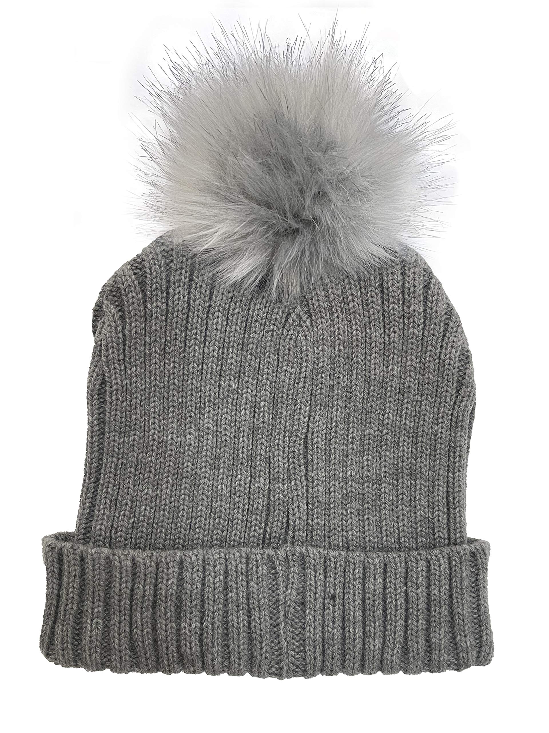 OADUS Women's Slouchy Winter Beanie Hat with Removable Faux Fur Pom, Light Grey/Light Grey Pom
