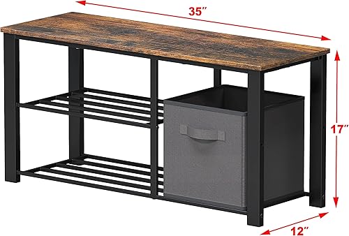 Miniatura 3 de Simple Houseware Banco de zapatos de 2 niveles con parte superior de madera y contenedores de almacenamiento, marrón rústico