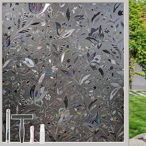 Miniatura 8 de Película decorativa para ventana de vitral, película decorativa de privacidad para ventana, cubierta de flores de arco iris 3D, bloqueo solar UV,