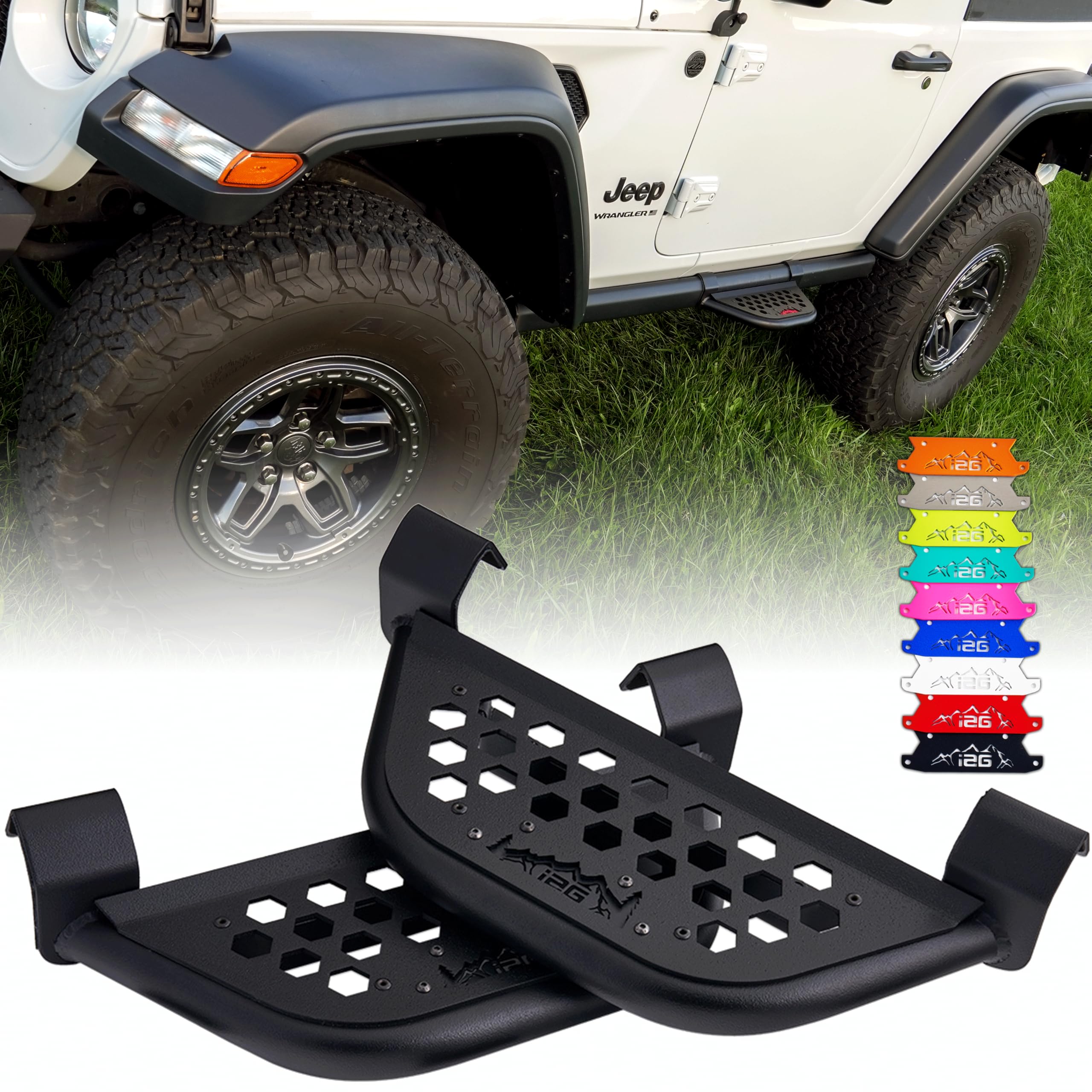 IAG EZ-Step for Jeep Wrangler 2018+ 2 Door w/OEM rockrails (Black Logo Plate, 1 Pair)