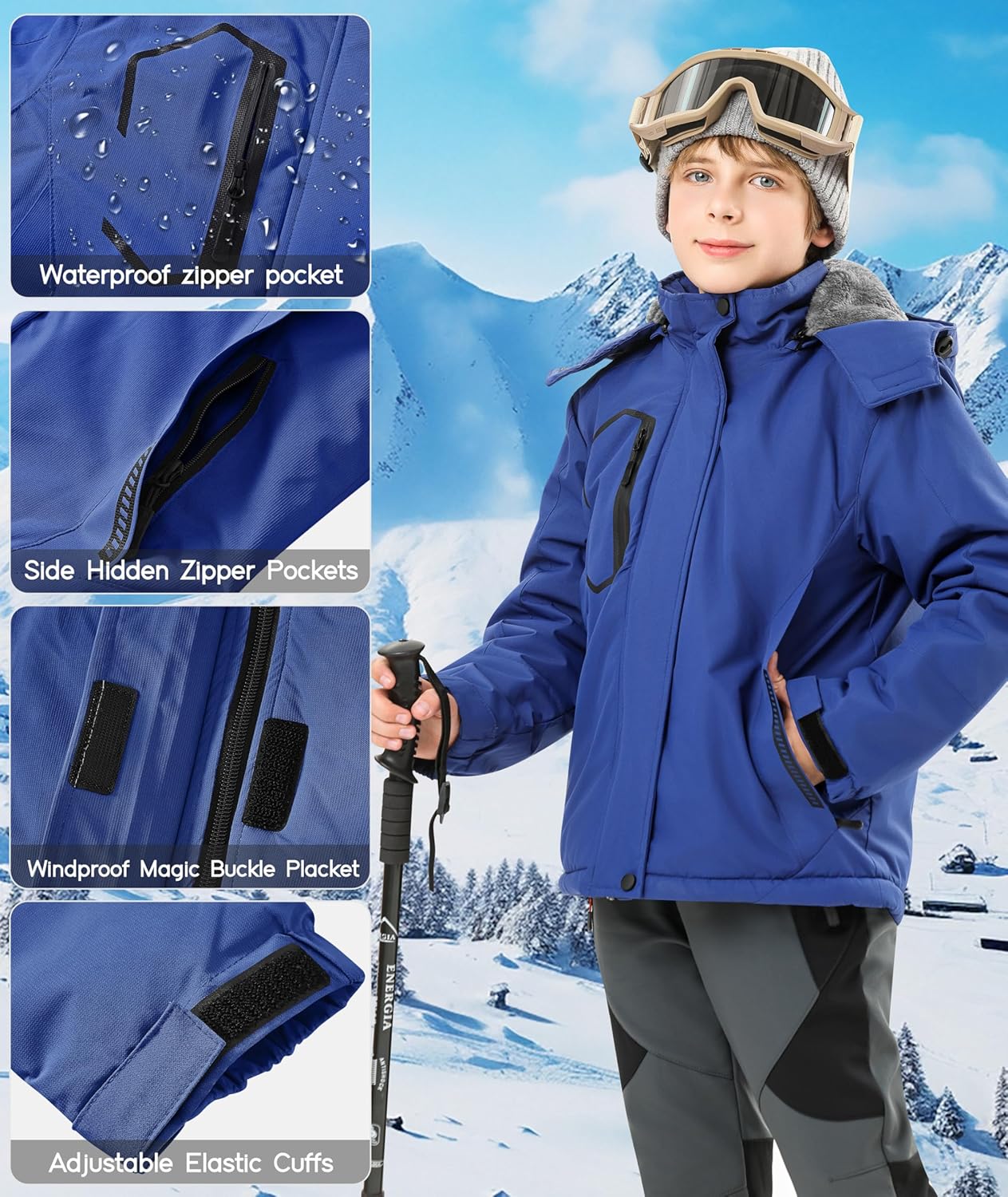 Kids Winter Jackets Warm Fleece Waterproof Snow Jacket with Zipper Pockets Detachable Hood - Image 3