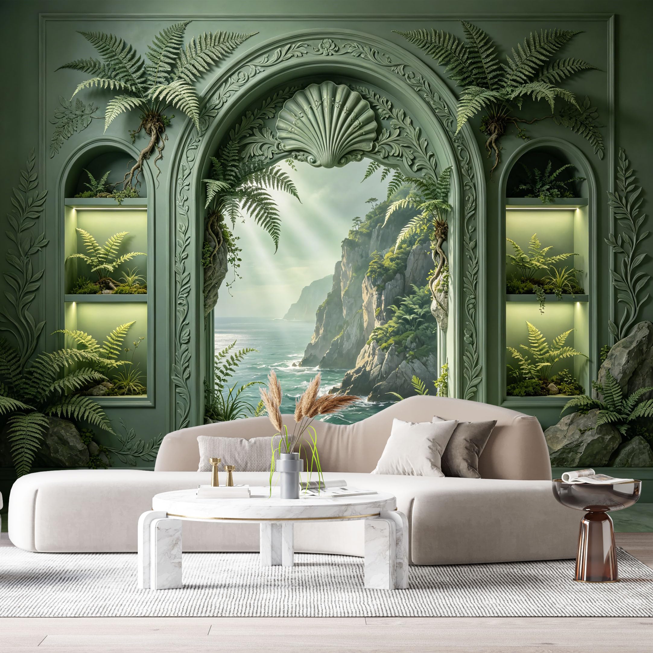 Custom Size Wall Murals Fantasy Archway Coastal Landscape Botanical 3D Trompe L'Oeil SelfAdhesiveWall Fabric Removable Wallpaper Wall Decor for Living Room Bedroom Bathroom