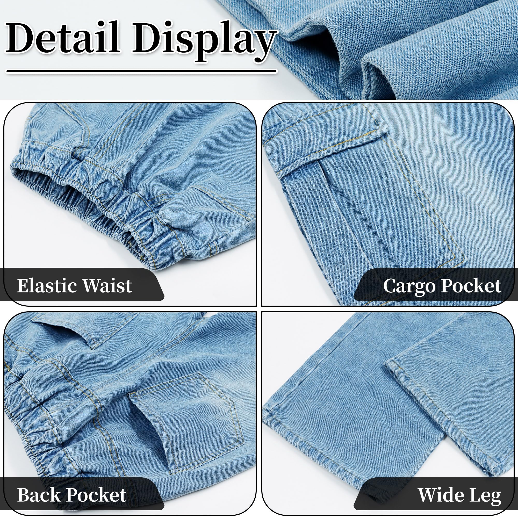 Vaqueros Cargo para Niña Baggy Cintura Elásticos Denim Jeans Pierna Anchos Pantalones Largo Stretch Múltiples Bolsillos Casual Moda 7-15 Años
