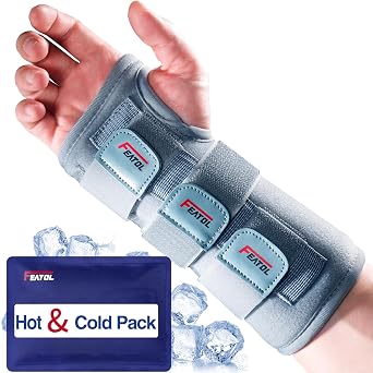 FEATOL Carpal Tunnel Wrist Brace | دعامة نوم ليلية قابلة للتعديل يدويًا ، جبيرة معدنية قابلة للإزالة- عبوة ساخنة / مثلجة ، اليد اليمنى ، صغيرة / متوسطة للرجال ، النساء ، تخفيف الألم وعلاجه