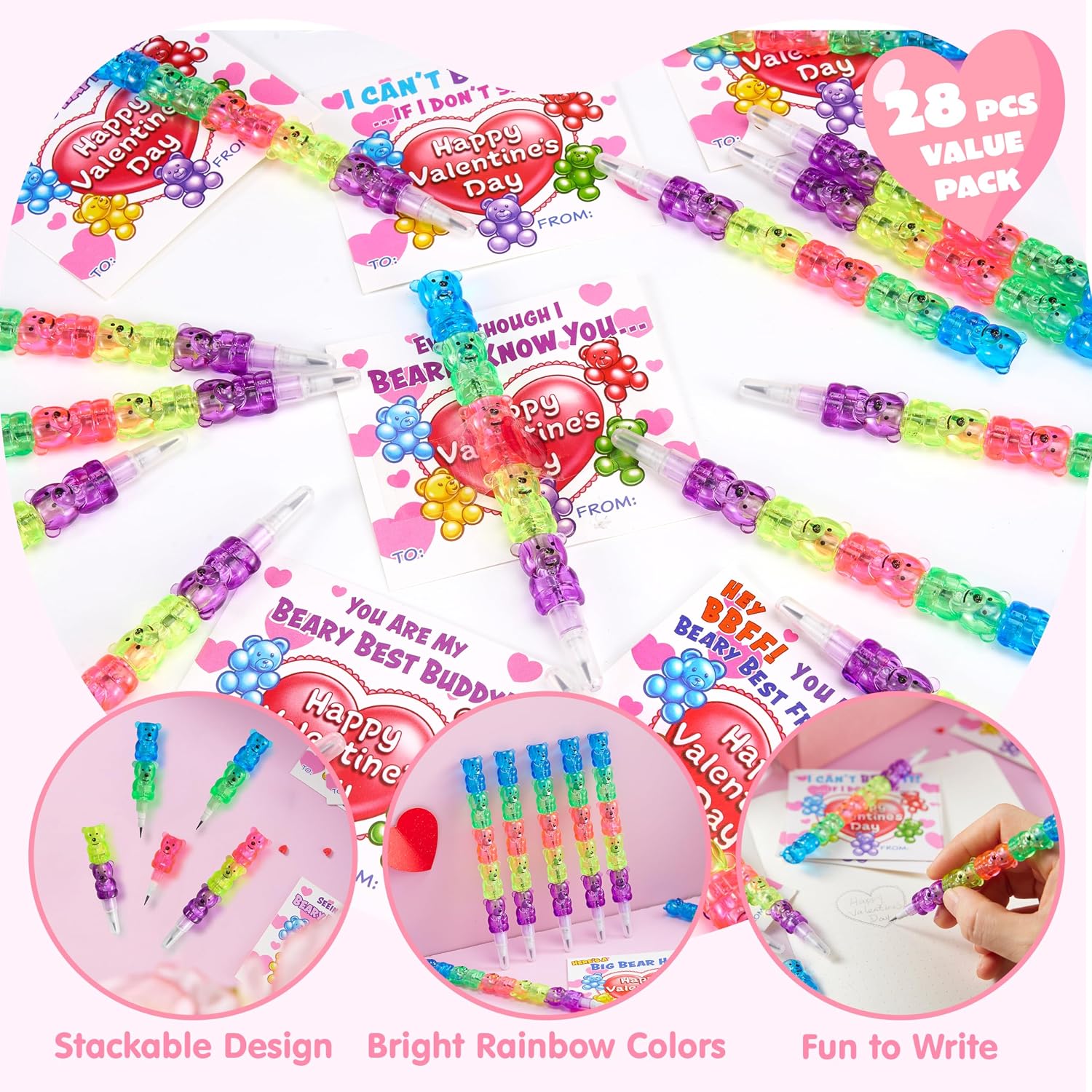 JOYIN 28PCS Valentines Day Plastic Bear Pencils and Cards, Stationery Gift Kids Party Favor Set, with Tape for Classroom School Exchange Gifts, Holiday Reward Prizes