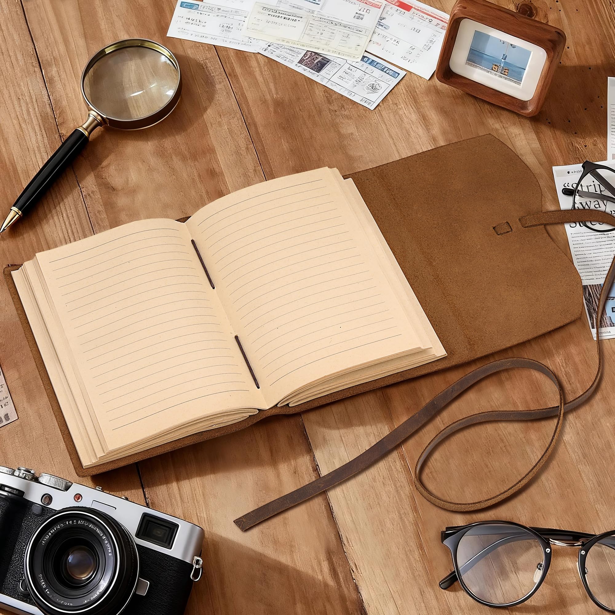 Carnet de notes en cuir véritable relié pour écrire – 300 pages lignées faites à la main – Format A5 – Carnet de notes quotidien pour homme et femme, voyage, marron (20,3 x 15,2 cm)