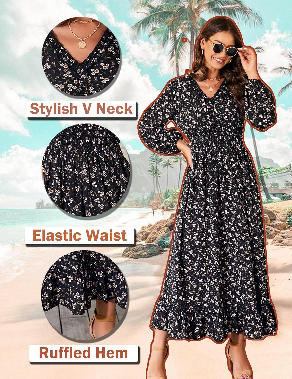 MISSKY Casual V Neck Boho Floral Print Wedding Guest Maxi Dresses for Women Bohemian Flowy Maxi Dress - Image 5