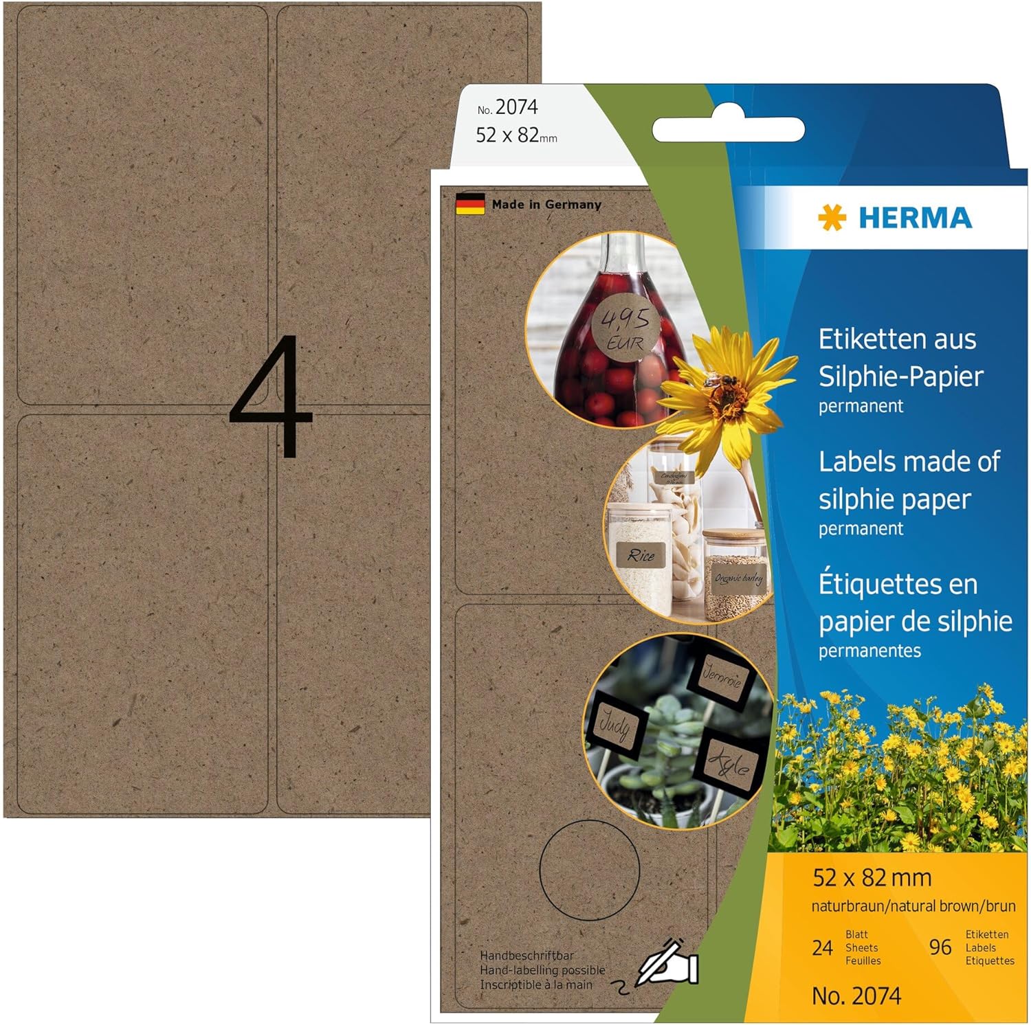 HERMA Labels Made of Grass Paper, 4 Labels per Sheet, 24 Sheets, 52 x 82 mm, 96 Labels, Self Adhesive Large Labels Stickers, Blank Sticky Labels for Office Kitchen Home, Natural Brown