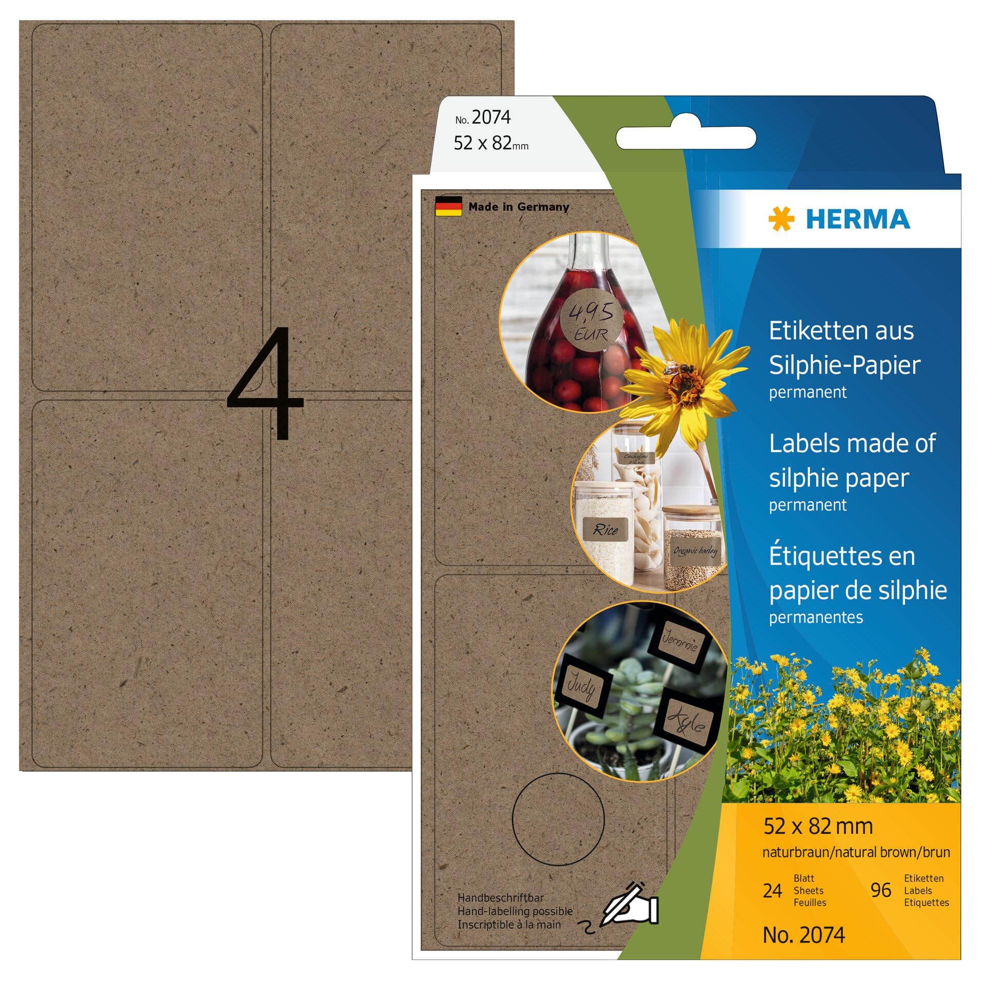 HERMA Labels Made of Grass Paper, 4 Labels per Sheet, 24 Sheets, 52 x 82 mm, 96 Labels, Self Adhesive Large Labels Stickers, Blank Sticky Labels for Office Kitchen Home, Natural Brown