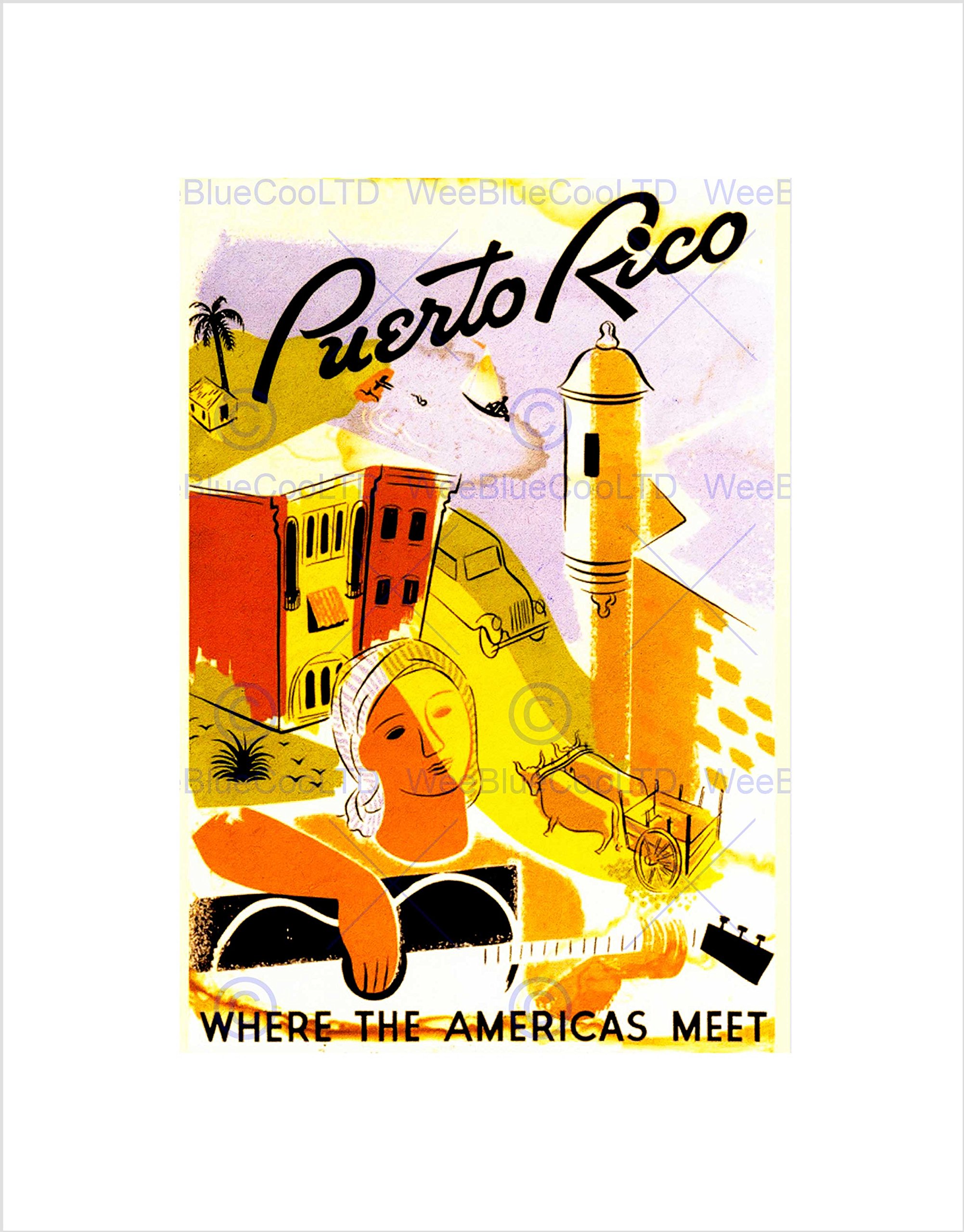 Wee Blue Coo Travel Puerto Rico Island Caribbean Resort Girl Guitar Wall Art Print