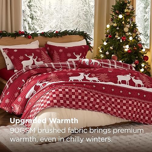 Miniatura 7 de Bedsure - Ropa de cama de Navidad, colcha reversible de tamaño King rojo con patrón de nieve y renos, colcha de microfibra ligera, suave, decoración