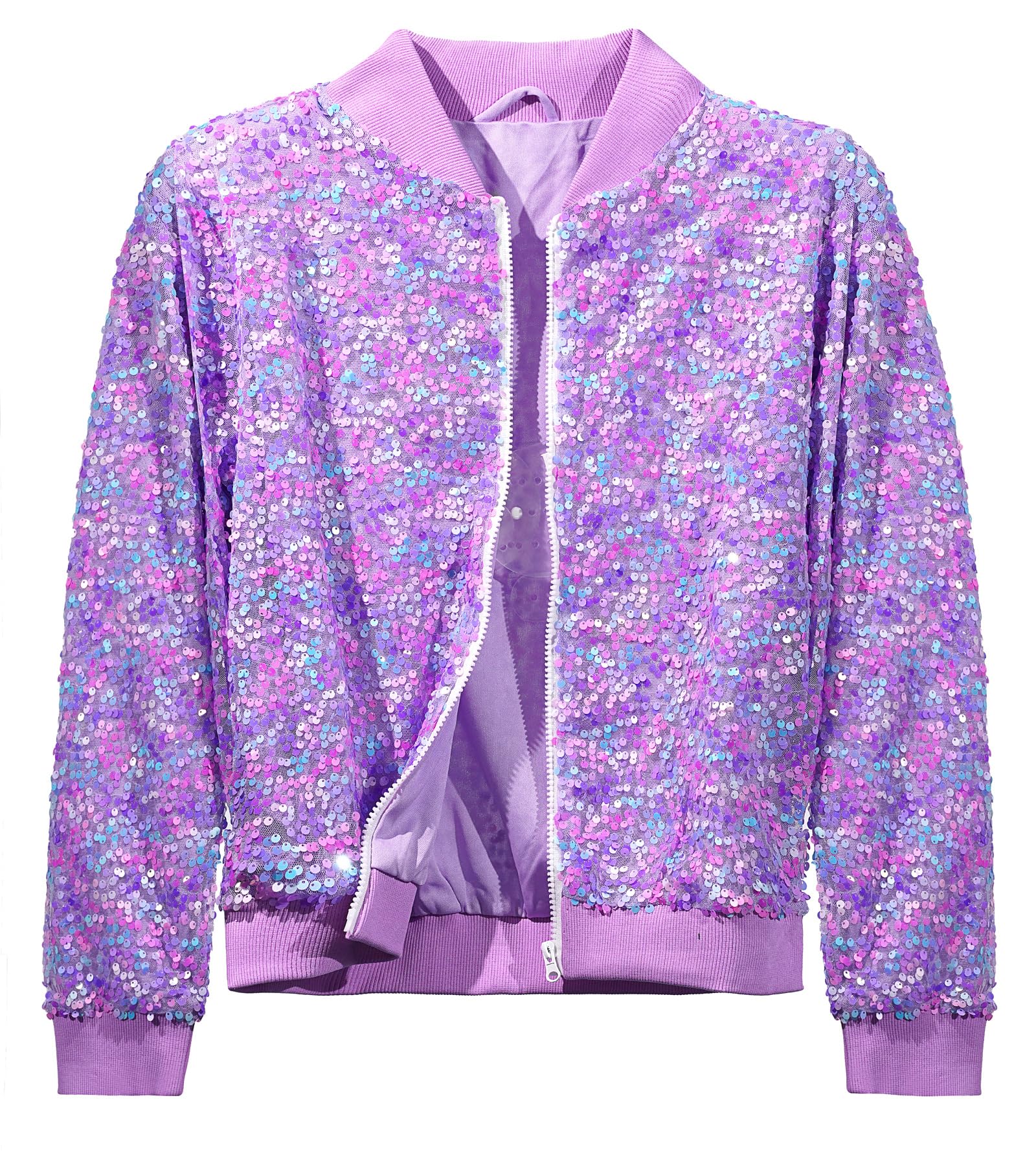 Girls Sequin Bomber Jacket Glitter Outwear Long Sleeve Zipper Jackets 5-12T