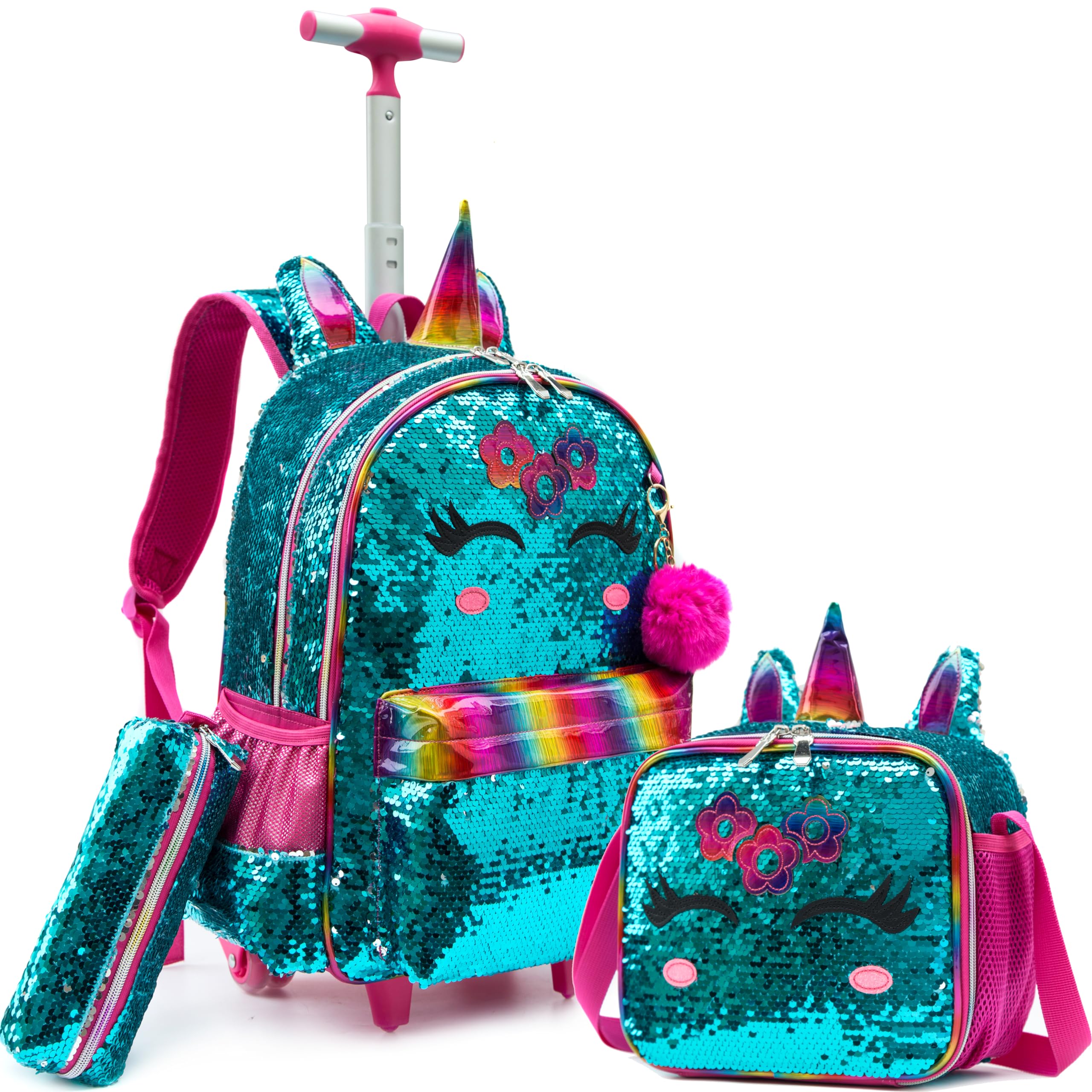 MeetbelifyUnicorn Rolling Backpack with Wheels for Girls Kids Sequin Travel Luggage Rolling Duffle Bag with Lunch Box Pencil Case for Girls Ages 6-8 Years Old