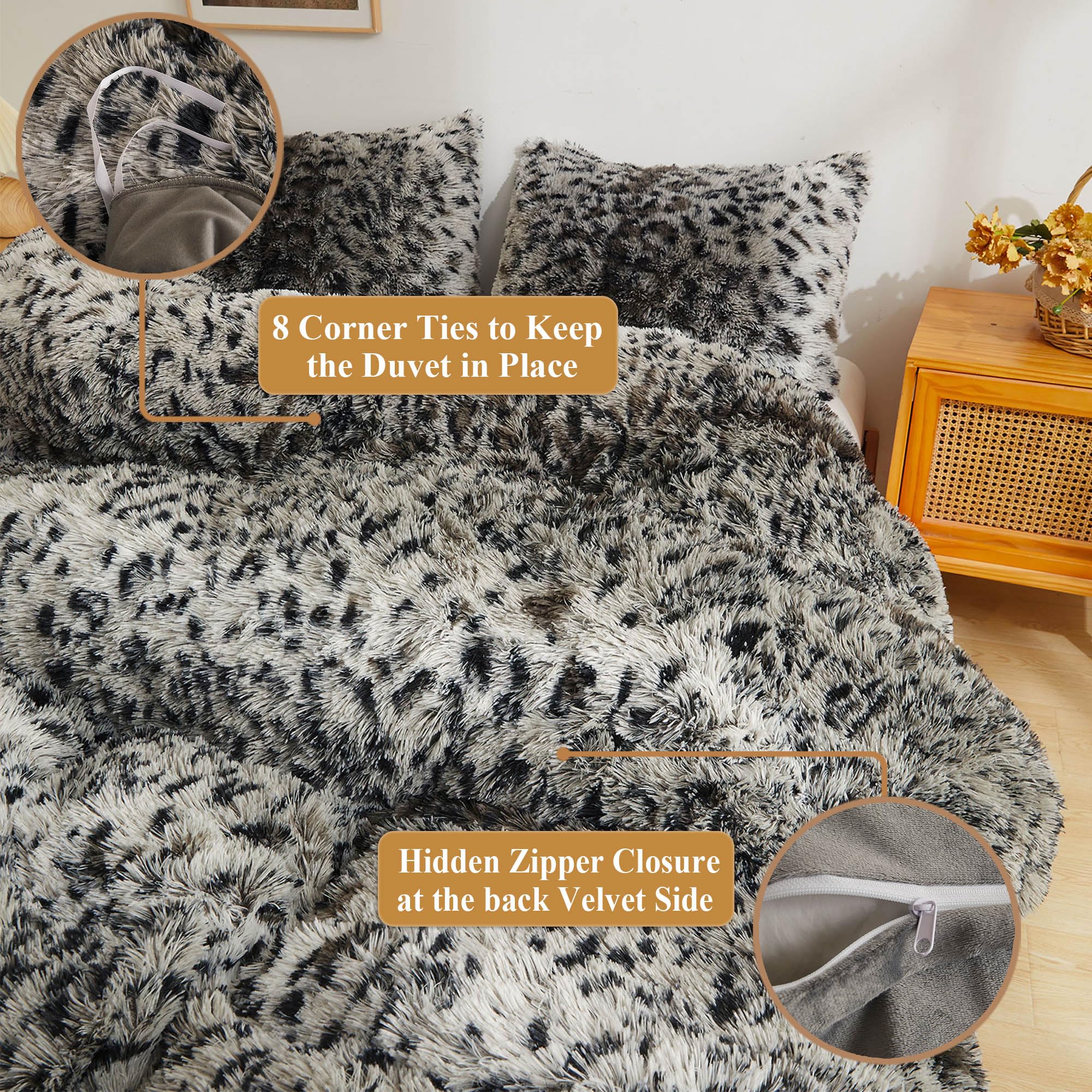 XeGe Tiger Print Fluffy Faux Fur Duvet Cover Set, 3 Pieces Soft Plush Shaggy Fuzzy Bedding Set(1 Farmhouse Comforter Cover + 2 Furry Pillow Cases), Zipper Closure(Queen, Tiger Print Brown)