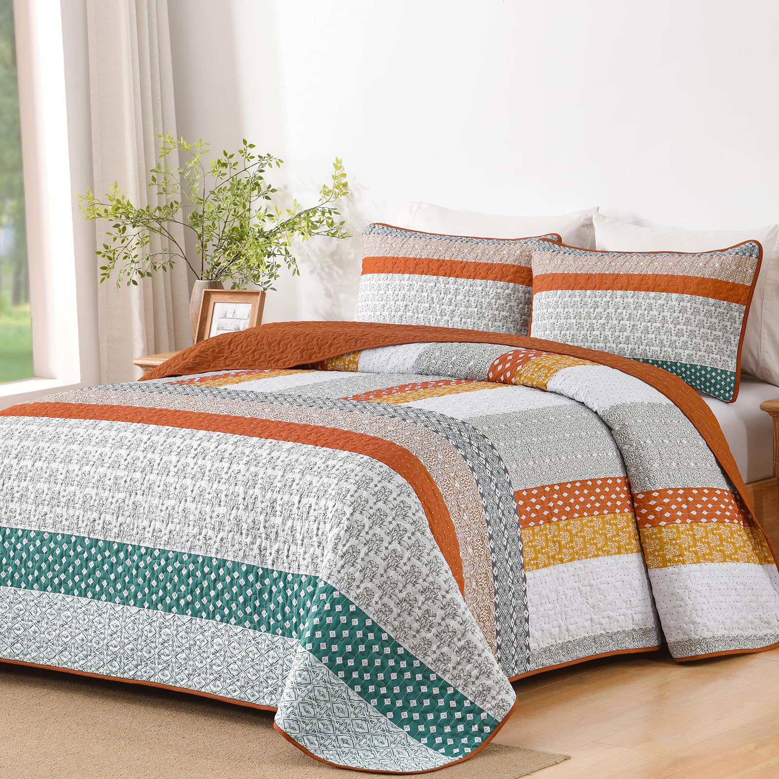 Photo 1 of ***SIMILAR ITEM***WONGS BEDDING Orange Quilt Queen Size, Bohemian Stripe Quilt Sets 3 Pieces Boho Quilted Bedspread Set Lightweight Microfiber Coverlet Bedding Set All Season (96"x90")