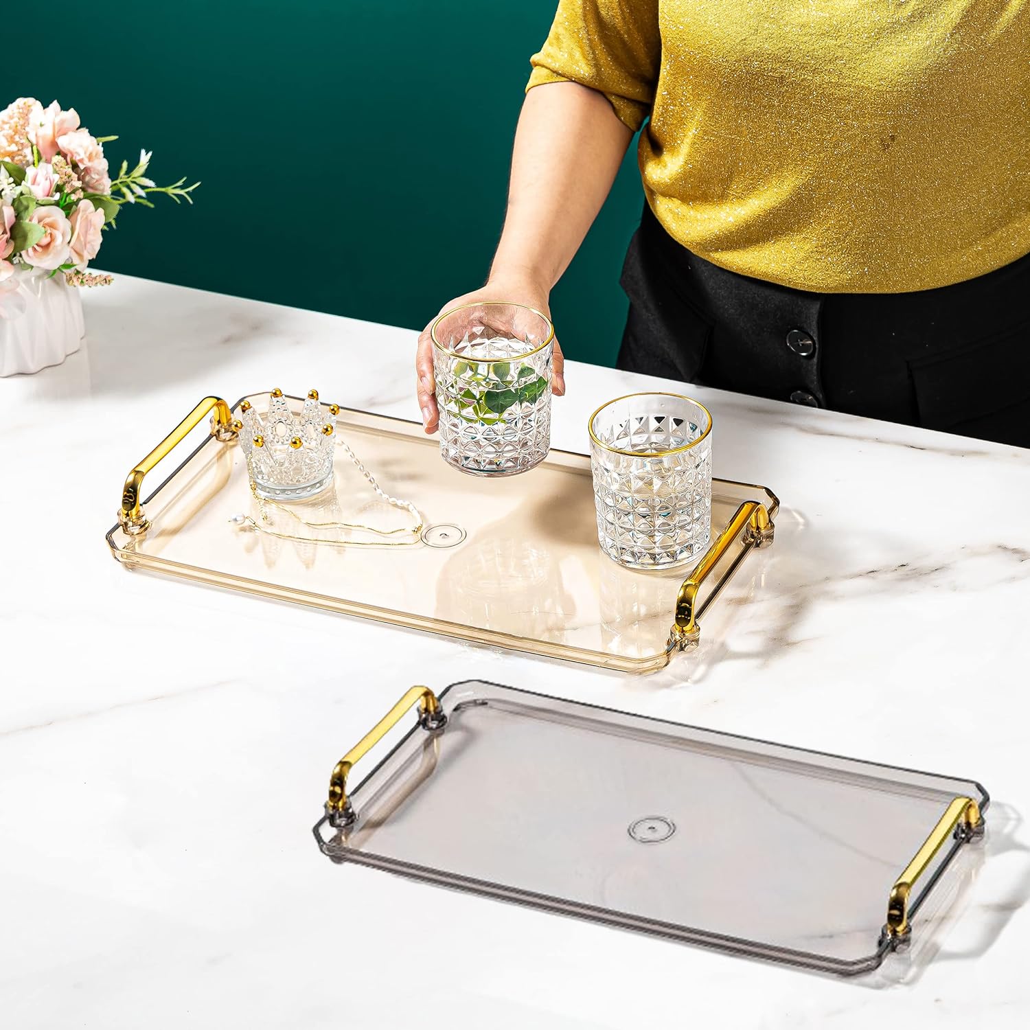 Acrylic Serving Tray with Handles Ottoman Countertop Decorative Tray Serving Tray Spill-Proof Tray for Coffee Table Living Room Bedroom16 x 9 x 0.8 inches (Amber) - Image 5