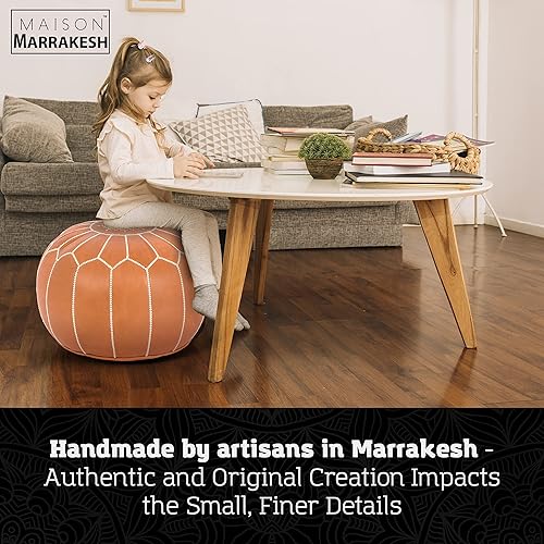 Miniatura 5 de hermoso taburete de cuero hecho a mano original de Marruecos. Color marrón oscuro con costuras blancas. Se entrega sin rellenar