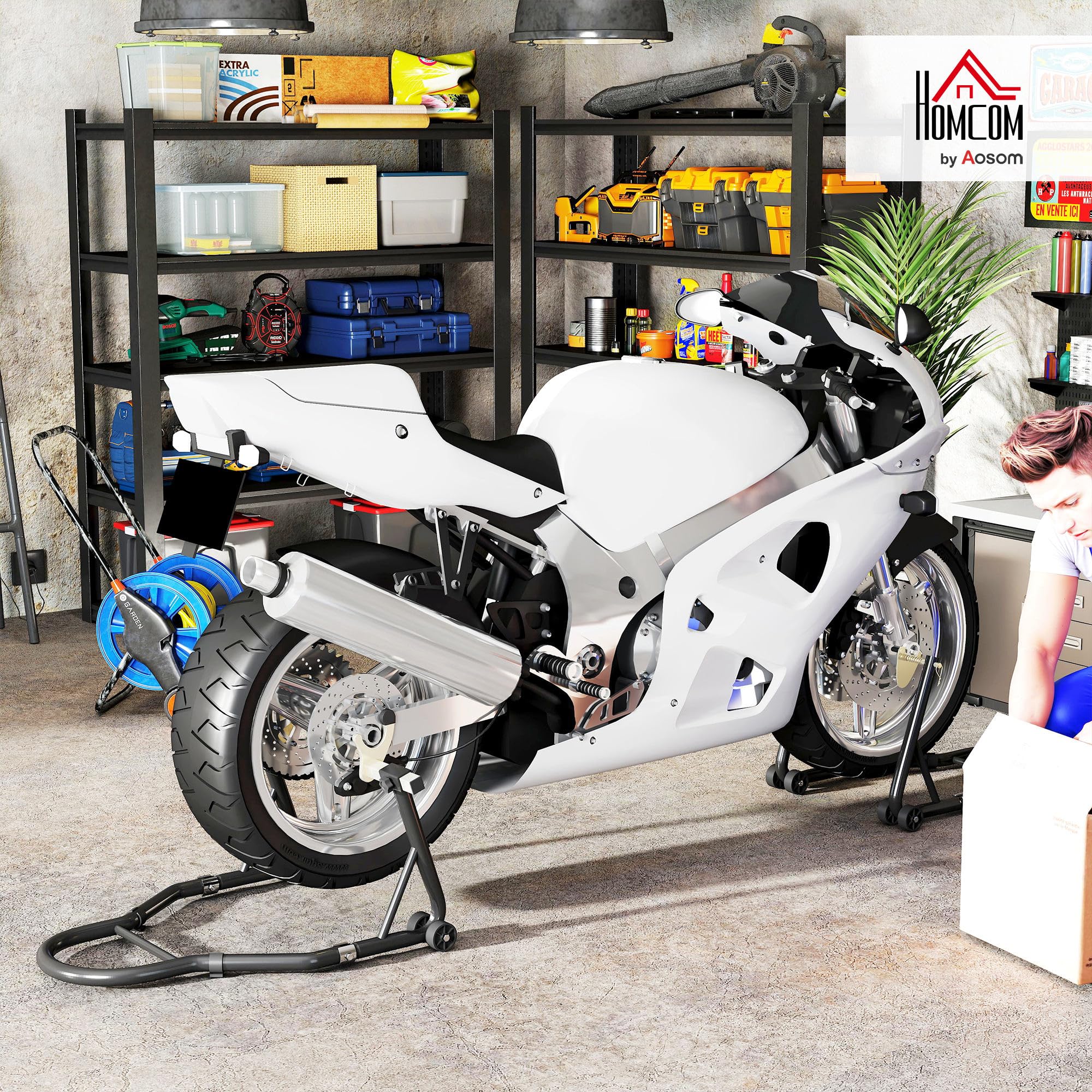 HOMCOM Caballete de Moto, Carga 390 kg, Soporte Delantero y Trasero Universal, Elevador de Moto de Acero con Horquillas Ajustables en U+L, Ruedas y Clips de Sujeción, Negro