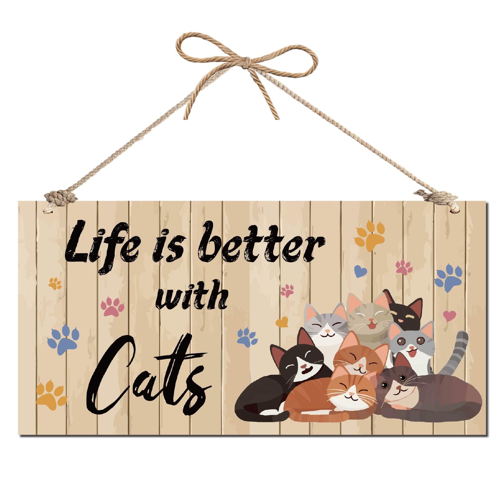 CREATCABIN Life is Better with Cats Wood Sign Rustic Wooden Plaque with Jute Twine Kitten Decorative Cat Paw Print Wall Art Decor for Pet Shop Home Hanging Ornament Cat Lover Gifts 12 x 6 Inch