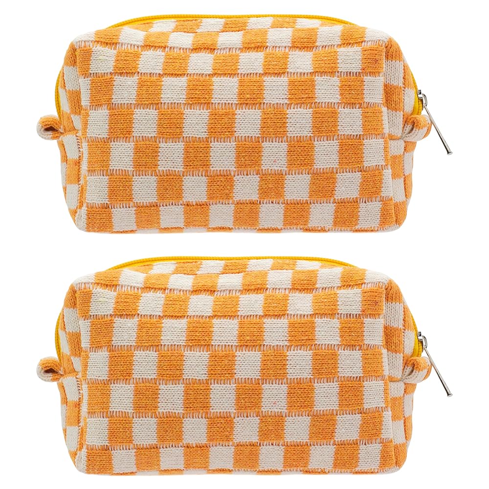 PAZIMIIK Checkered Makeup Bag for Purse Portable Zipper Make Up Pouch Small Cosmetic Case for Travel Accessories (2PCS Orange)