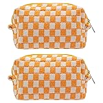 PAZIMIIK Checkered Makeup Bag for Purse Portable Zipper Make Up Pouch Small Cosmetic Case for Travel Accessories (2PCS Orange)