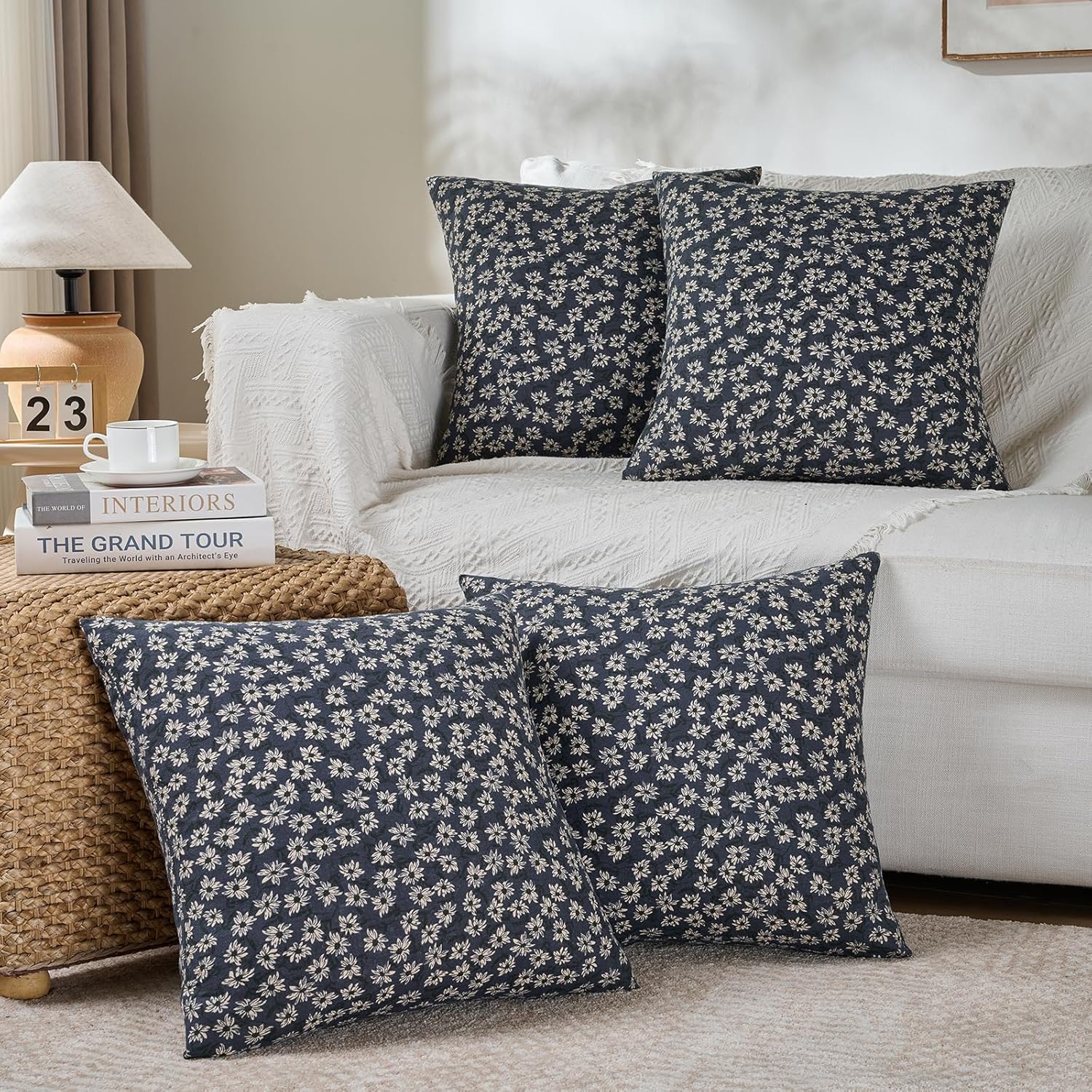 Fancy Homi Set of 4 Navy Blue Floral Vintage Square Decorative Throw Pillow Covers 20x20 Inch for Couch Sofa Bed Living Room, Modern Farmhouse Cottagecore Home Decor,Soft Cotton Linen Cushion Covers