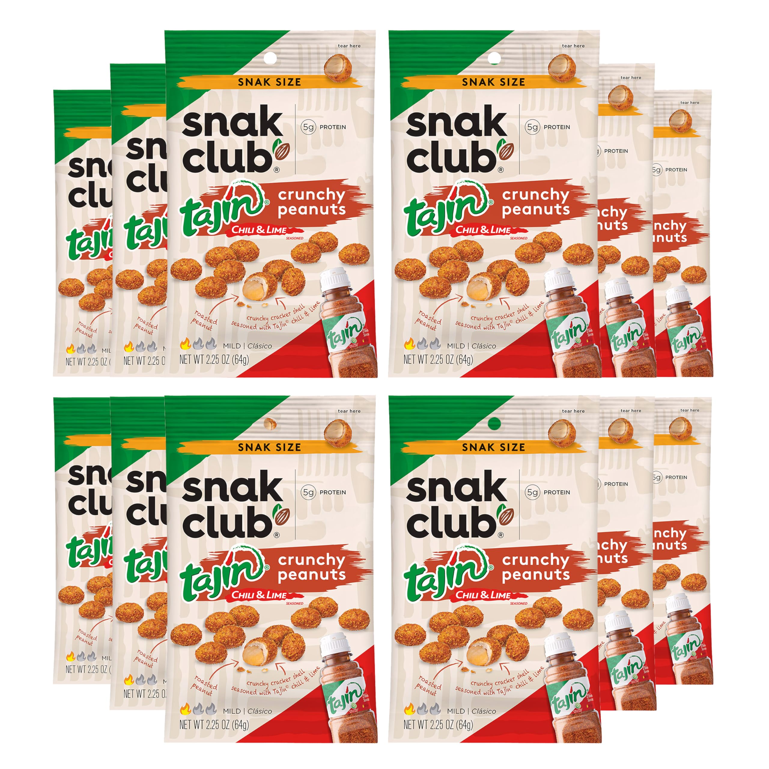 Snak Club Tajin Crunchy Peanuts, Nuts with Chili and Lime Seasoning, Mild, 2.25 oz Snack Bags, 12 Pack