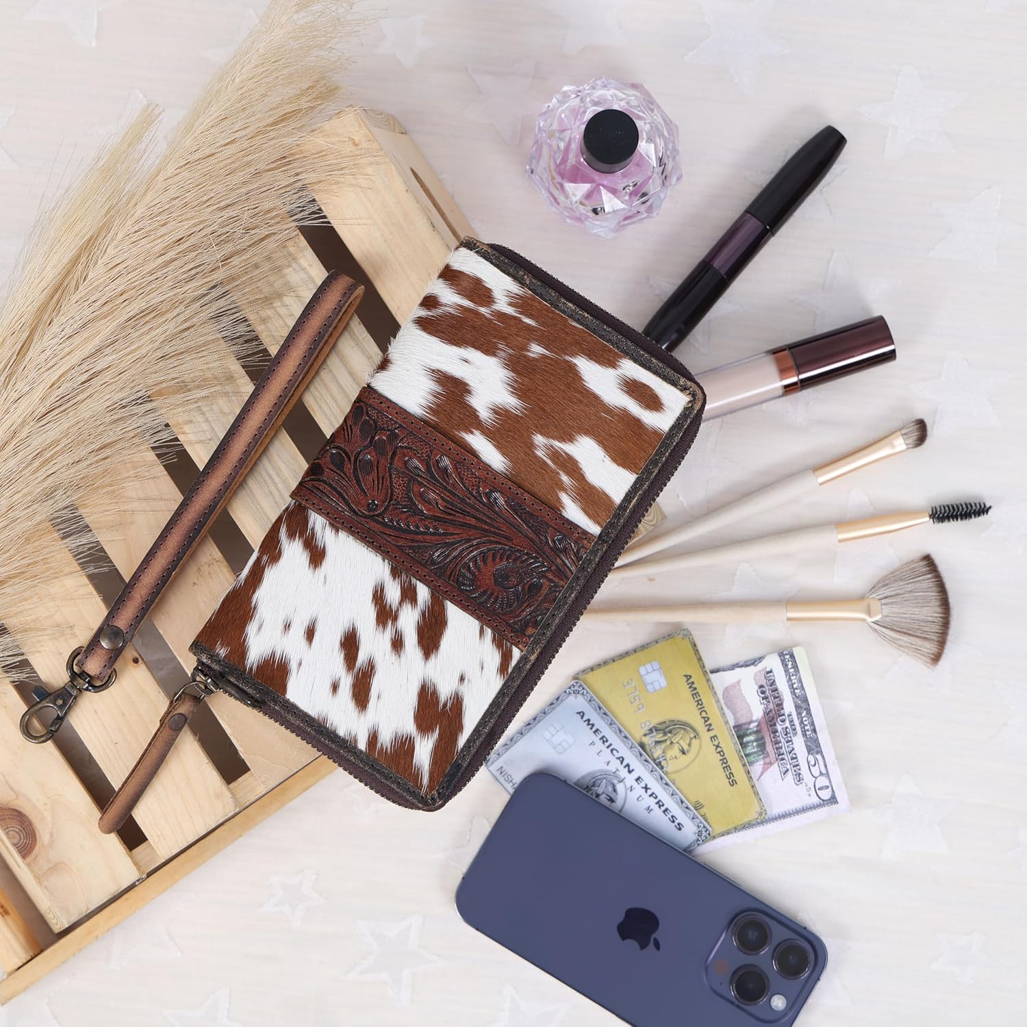 Clutch for Women Designer Card Wallet for Women Cowhide Fur with hand tooling Design on leather wallet for Women Leather (Brown)