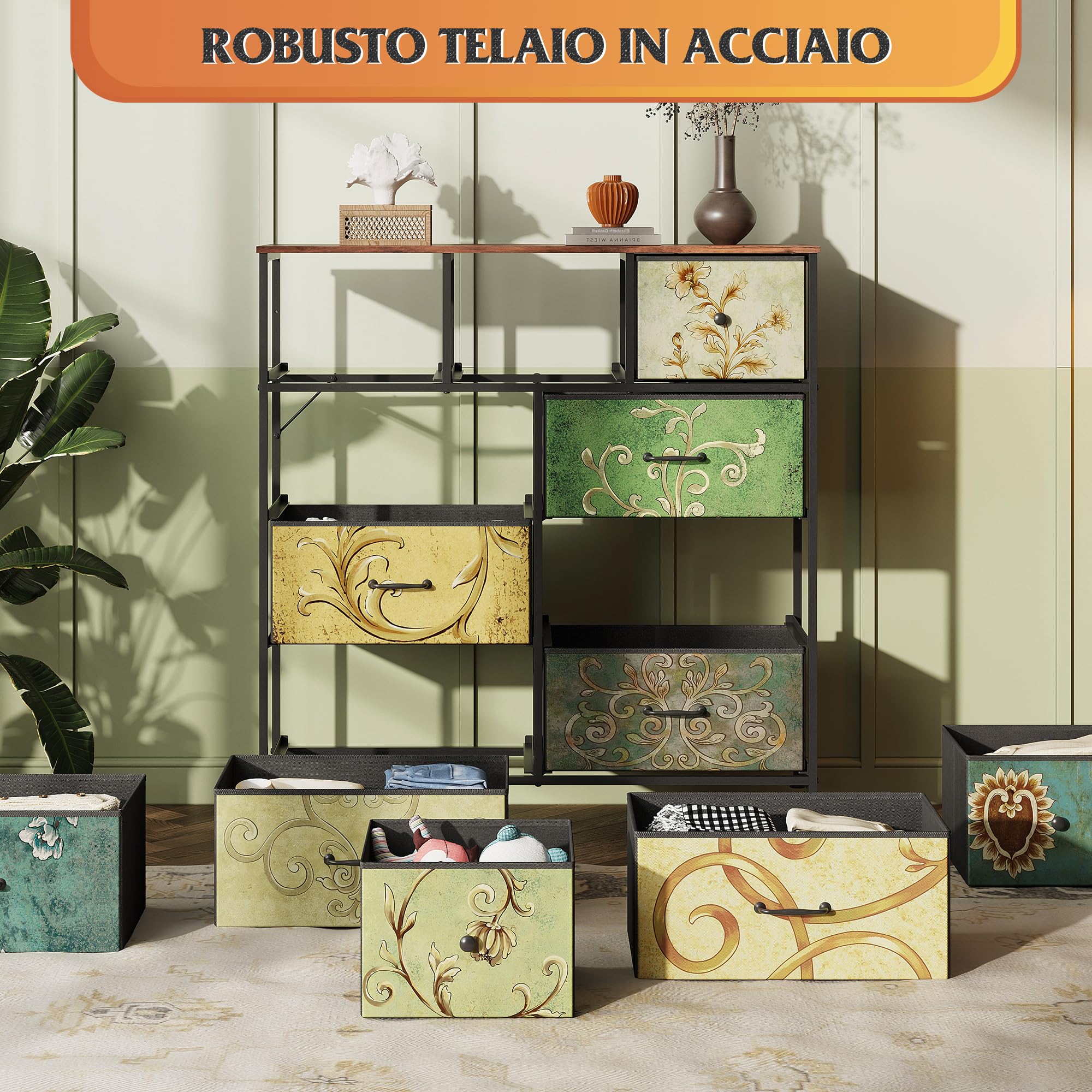 WLIVE Cassettiera in Tessuto con 9 Cassetti, Cassettiera Camera da Letto, Vano Contenitore, Struttura in Acciaio Ideale per Soggiorno, Corridoio, Facile Installare (Boemia, 9 Cassetti)