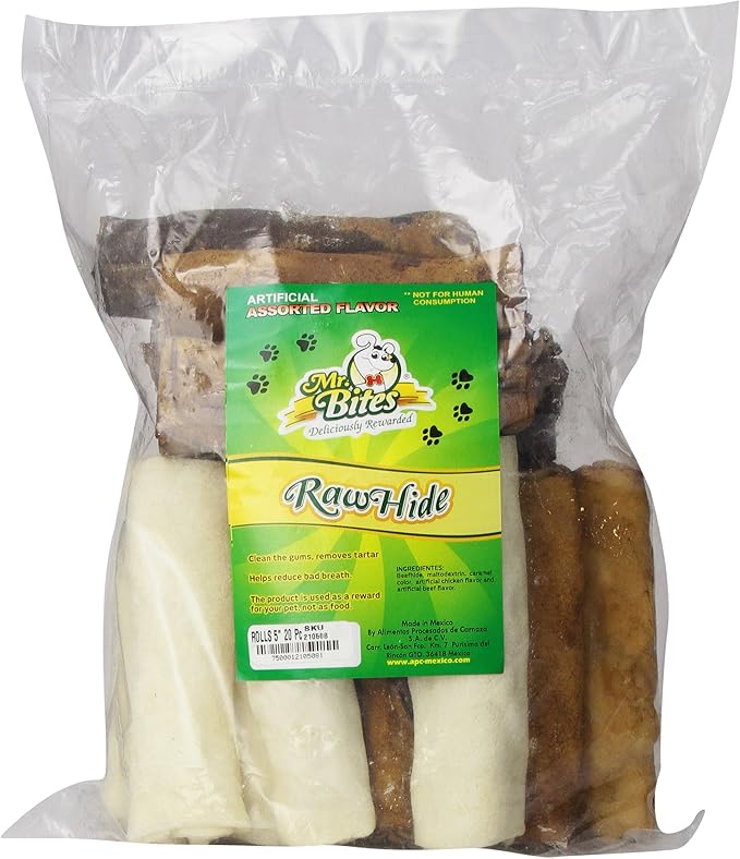 Mr Bites 5Inch Rawhide Retriever Roll For Dogs, Assorted Flavor, 20Pack Pet