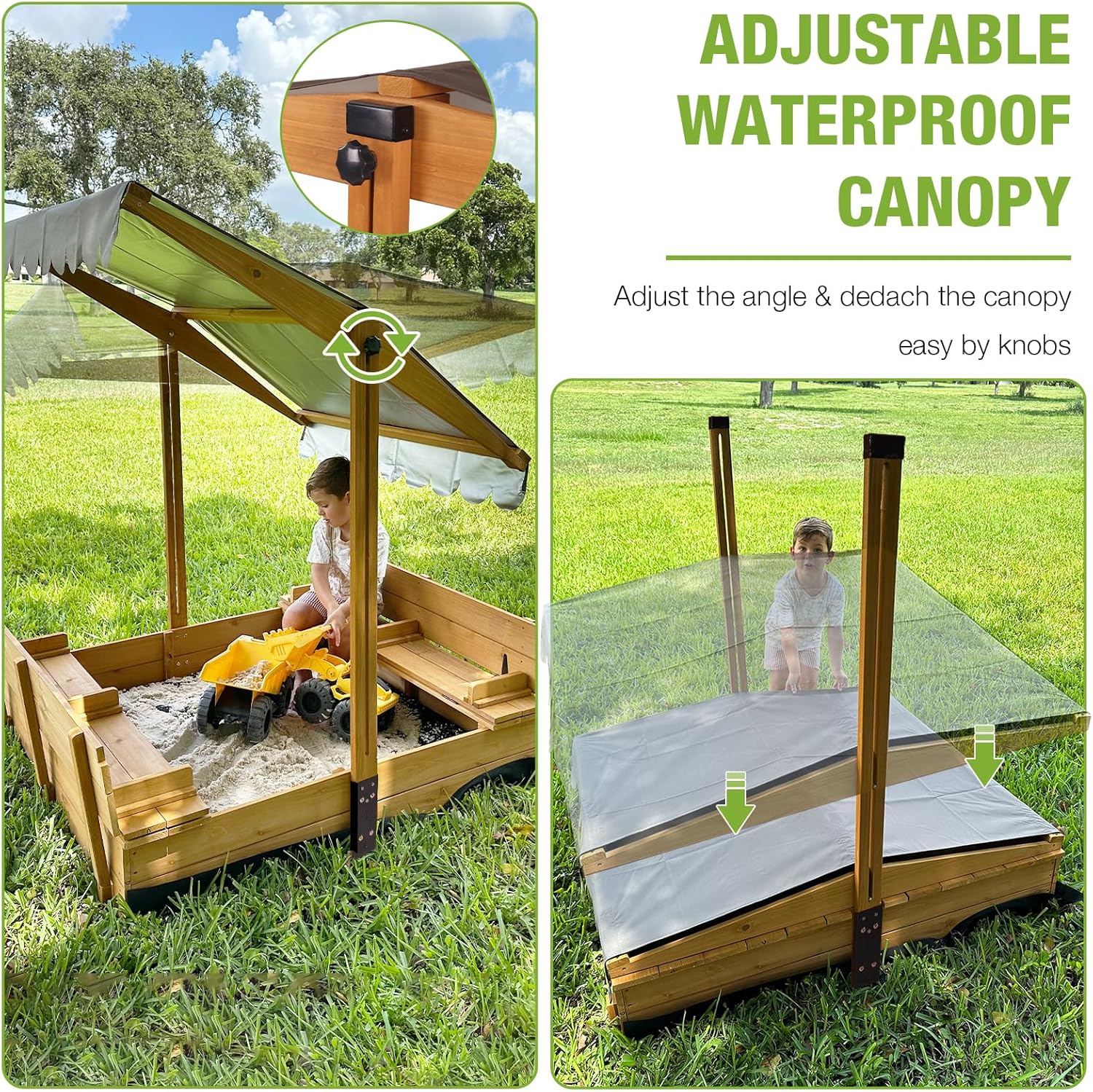 Sandbox with Lid Wooden Kids Sand Box for Backyard with Canopy and Foldable Bench Seats,UV-Resistant,Adjustable Height Roof