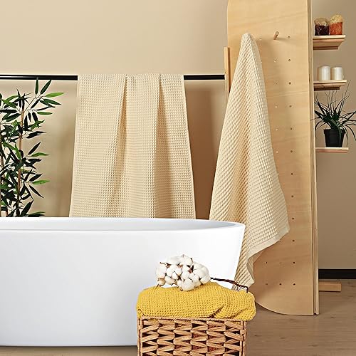 Miniatura 2 de Püskül - Toallas de baño de punto gofre para baño, 100% algodón orgánico turco de alta calidad, 32 x 63 pulgadas, paquete de 2 unidades (beige