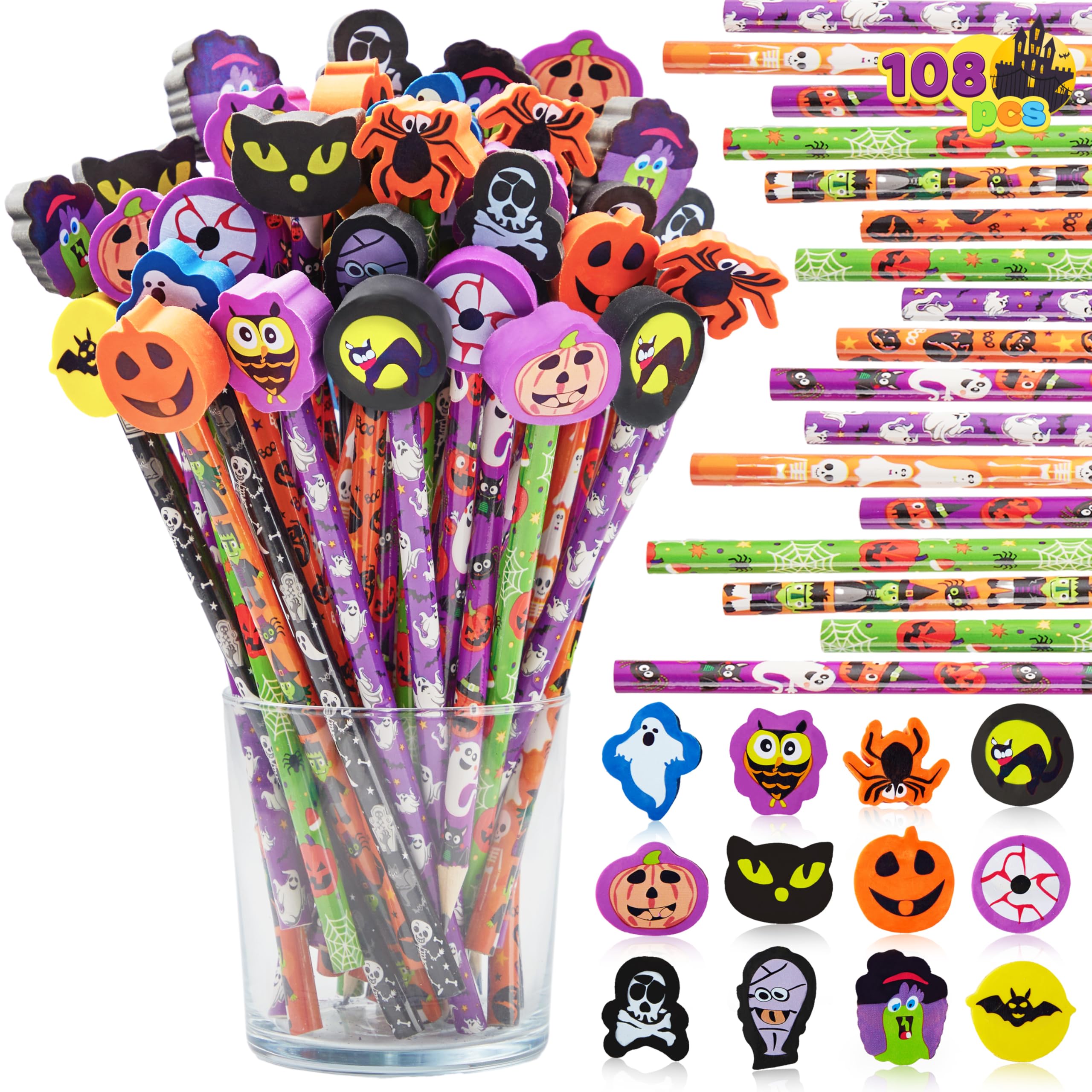 JOYIN 108PCS Halloween Pencils with Erasers Stationery Set, 108 Colorful Pencils in 6 Design, 108 Giant Erasers in 12 Style for Kid Trick or Treat, Halloween Party Favor Supplies, Classroom Prize Gift