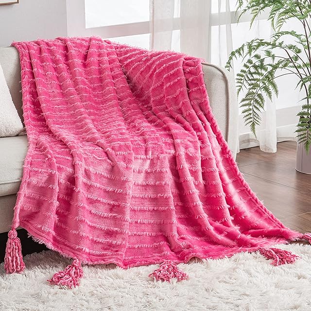 Exclusivo Mezcla Soft Throw Blanket, Large Fleece Fuzzy Blanket, Decorative Tassel Plush Throw Blanket for Sofa/Couch/Bed, 127x152 CM, Hot Pink