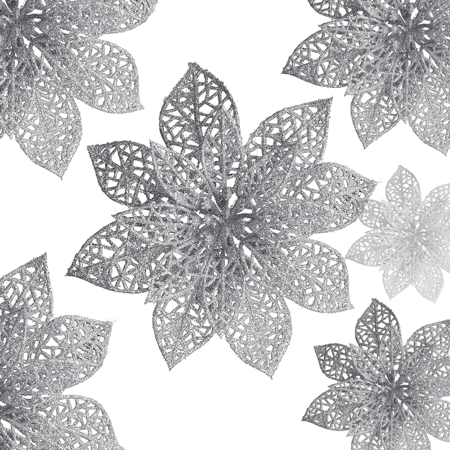 YYCRAFT Glitter Poinsettia Flowers 6 Inch for Christmas Tree Ornaments Christmas Decorations-24 Pack,Silver