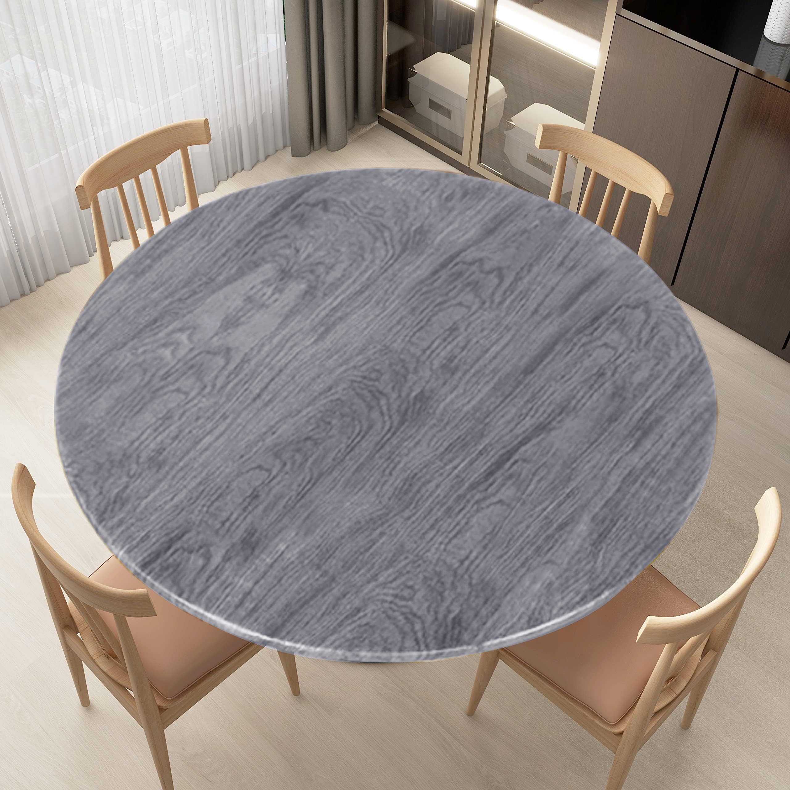 LUSHVIDA Round Waterproof Table Cover Elastic Vinyl Fitted Tablecloth Elastic Edged Plastic Table Cloth (Wood Gray, Best for Up to 45"-56" Round)