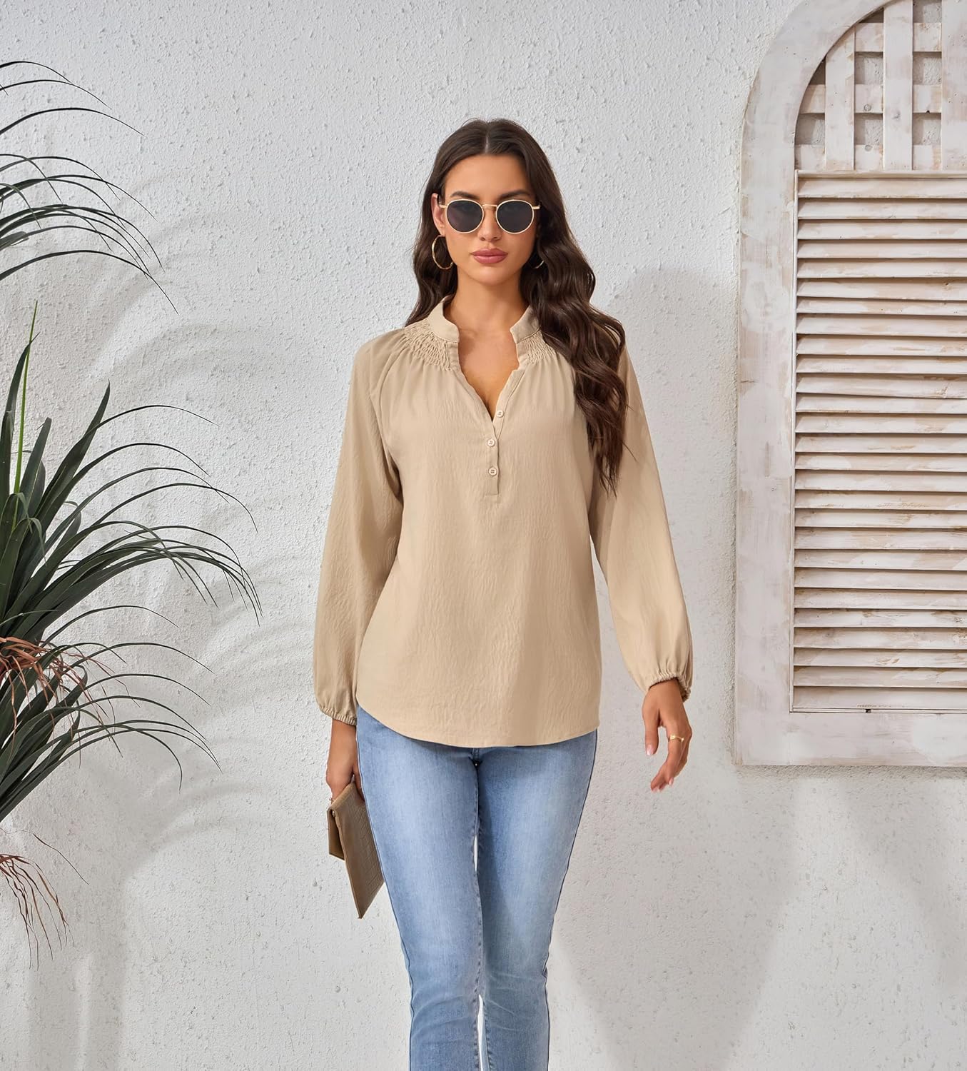 Womens Blouses Dressy Casual V Neck Button Down Shirts Wrinkle Free Long Sleeve Business Tops - Image 6
