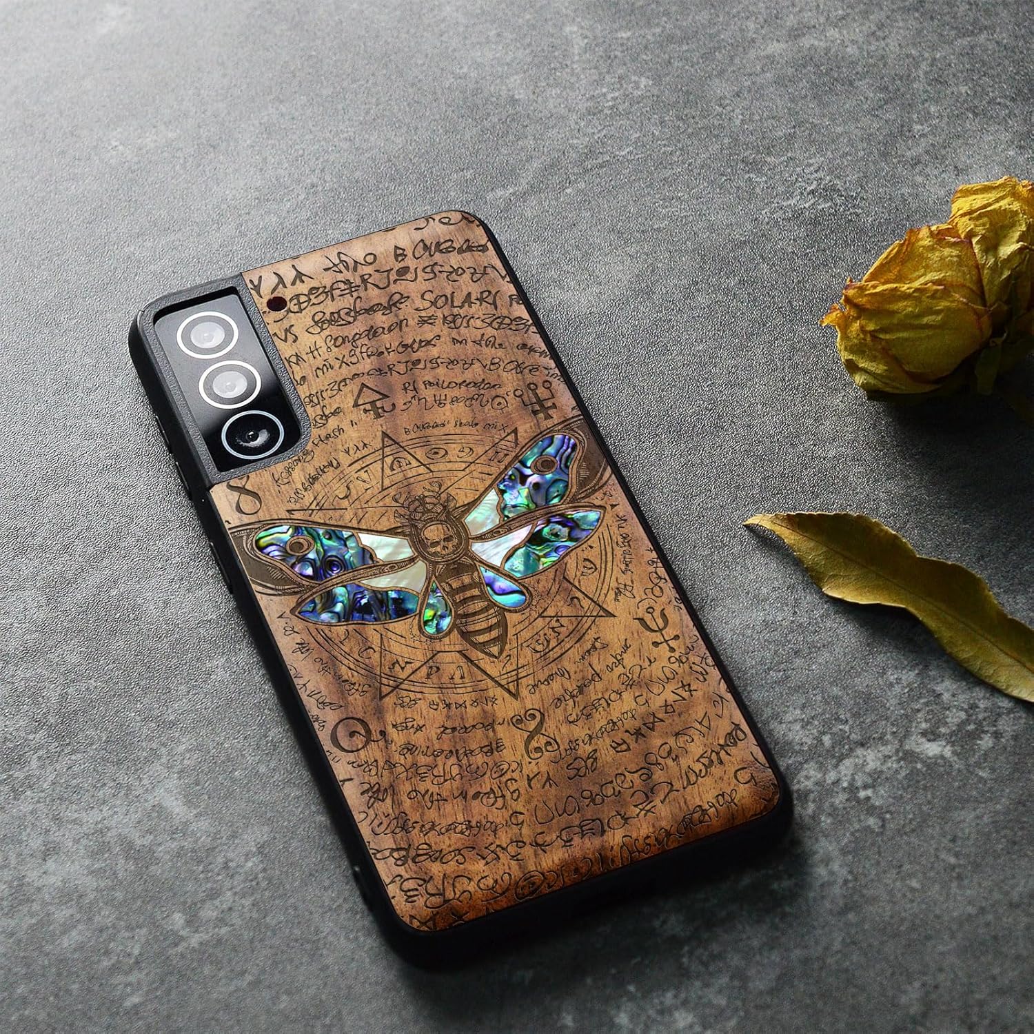 Carveit Designer Wooden Cover for Samsung Galaxy S22 Case [Wood Engraving & Shell Inlay] Compatible with Wireless Chargers Galaxy S22 (Death's Head Moth-Walnut)