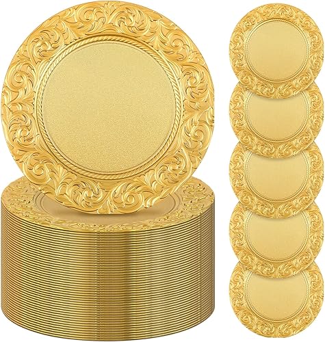 Uiifan Platos de carga antiguos a granel de plástico en relieve de 13 pulgadas, platos florales redondos para bodas, cargadores decorativos para