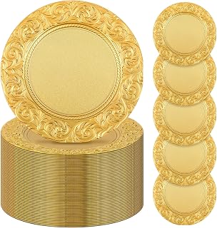 Uiifan 100 Pcs Antique Charger Plates Bulk 13'' Plastic Embossed Dinner Plate Chargers Round Floral Plates for Wedding Decorative Chargers for Table Dinner Kitchen Party Decoration (Gold)