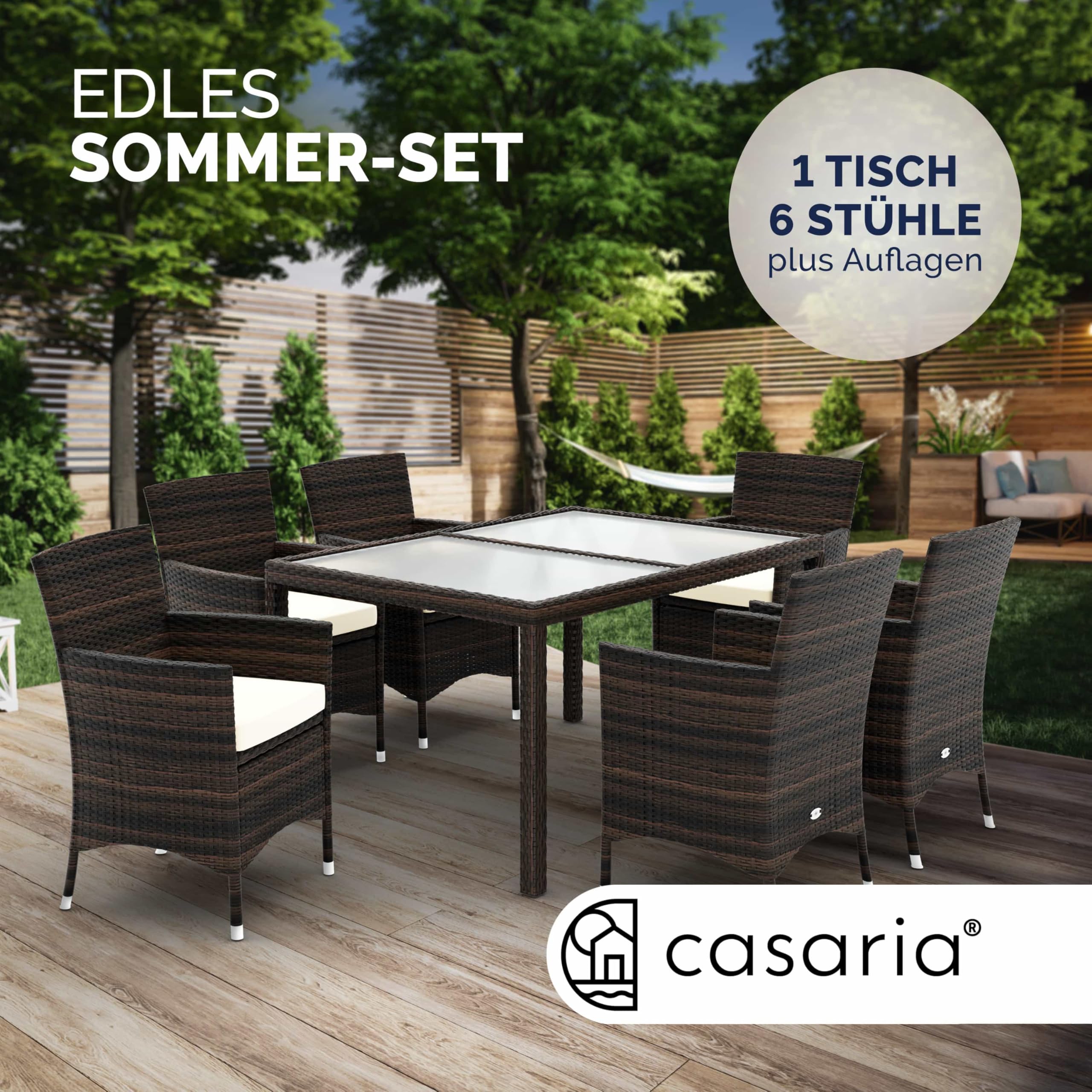 Casaria® Gartenmöbel Set 6 Personen Stühle inkl. 7cm Polster Tisch 150x90cm Balkonmöbel 160kg Belastbar Wetterfest Polyrattan Stapelbar Terrasse Möbel braun