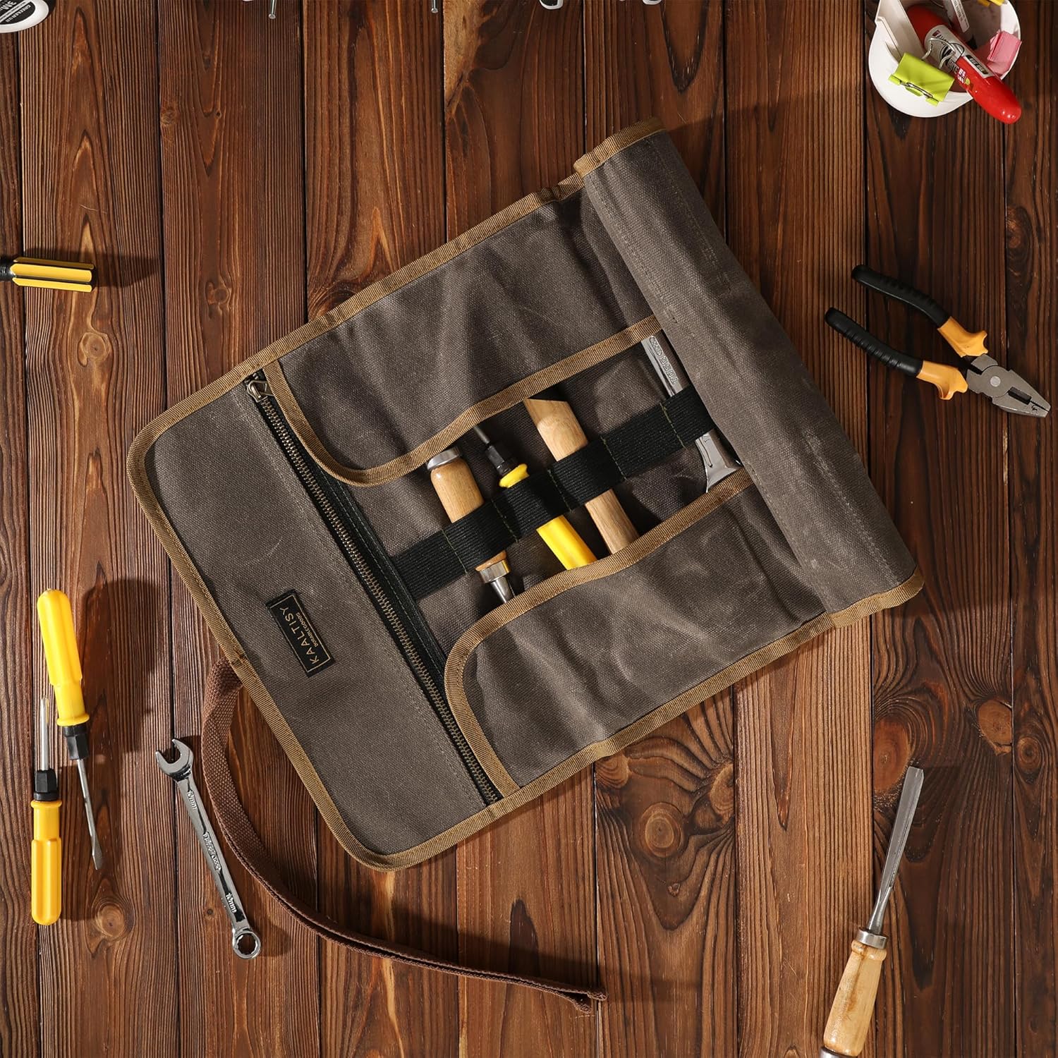 Tool Roll Pouch, Heavy Duty 16OZ Waxed Canvas Tool Bag Roll, Hand Tools Pouch with 1 Zipper Pocket + Elastic Band, Sturdy Tool Storage Roll Bag for Horticulturist Mechanic Handyman - Grey - 24" x 12"