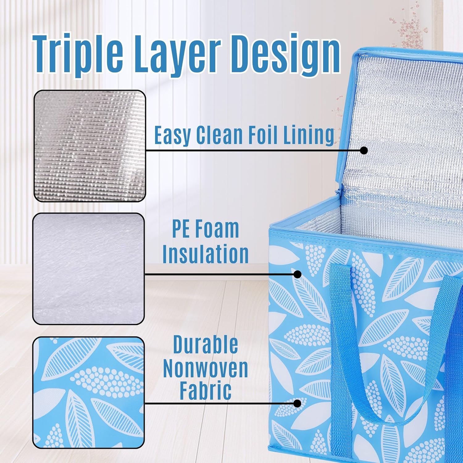 VENO 5 Pack Heavy-Duty Reusable Grocery Bags (2 Pack Insulated Grocery Bag w/Hard Bottom+ 3 Pack Sturdy Grocey Bags)