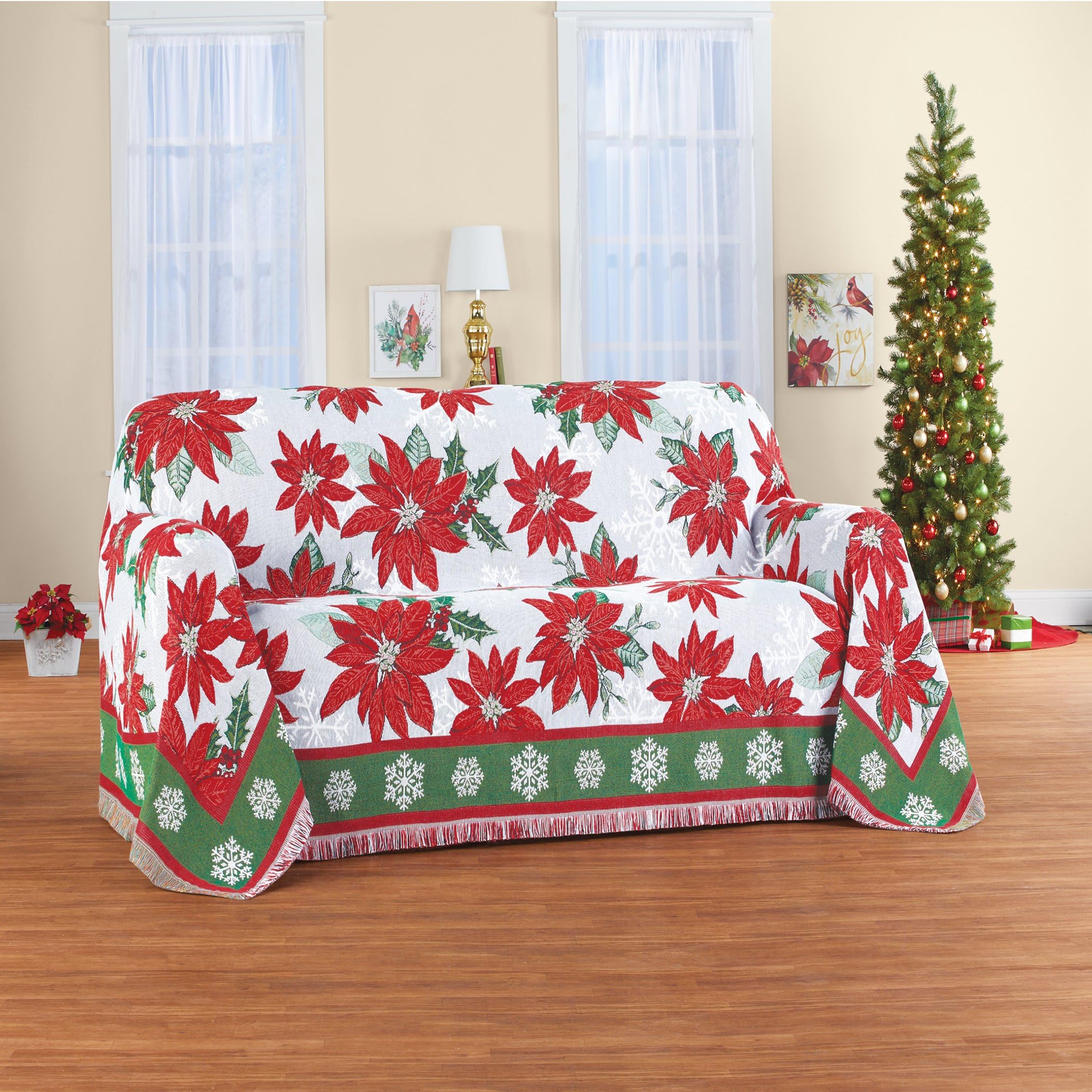Collections Etc Festive Poinsettia Fringe Border Tapestry Furniture Throw